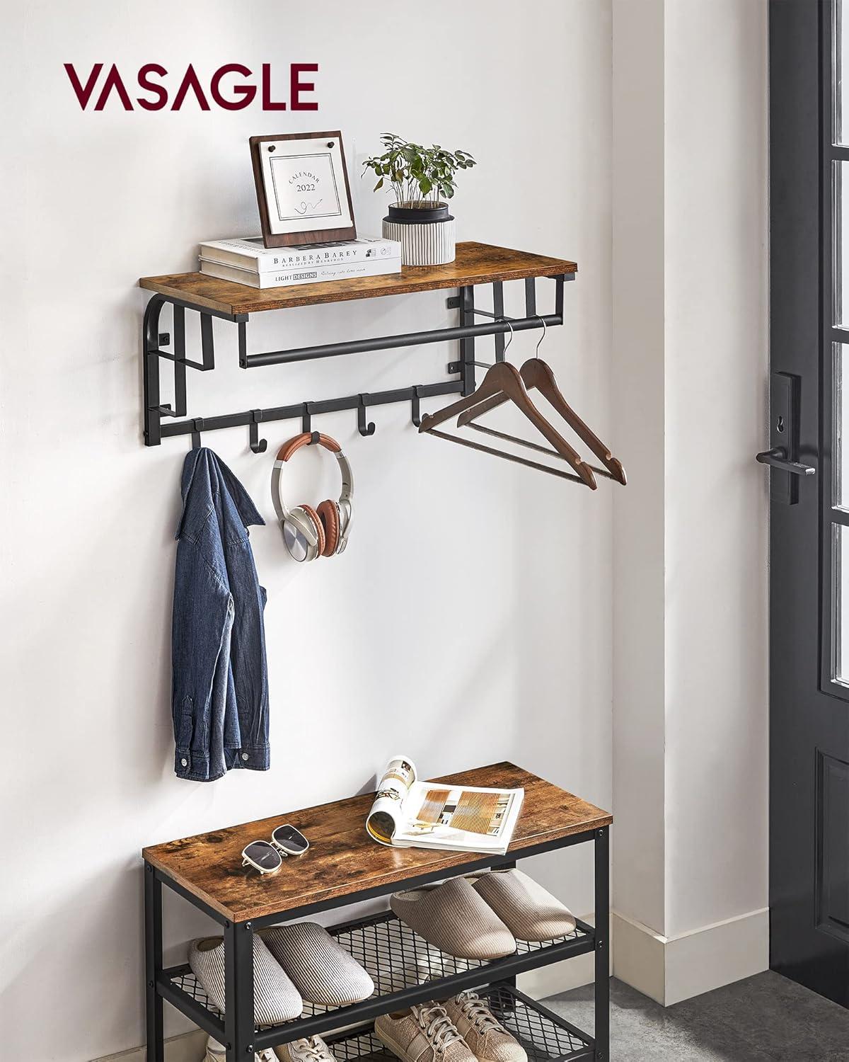VASAGLE Wall-Mounted Coat Rack, Wall Hook Rack with Hanging Rod, Storage Shelf, Laundry Room Shelf with Hooks, for Entryway, Bathroom, Rustic Brown and Black ULCR12BX
