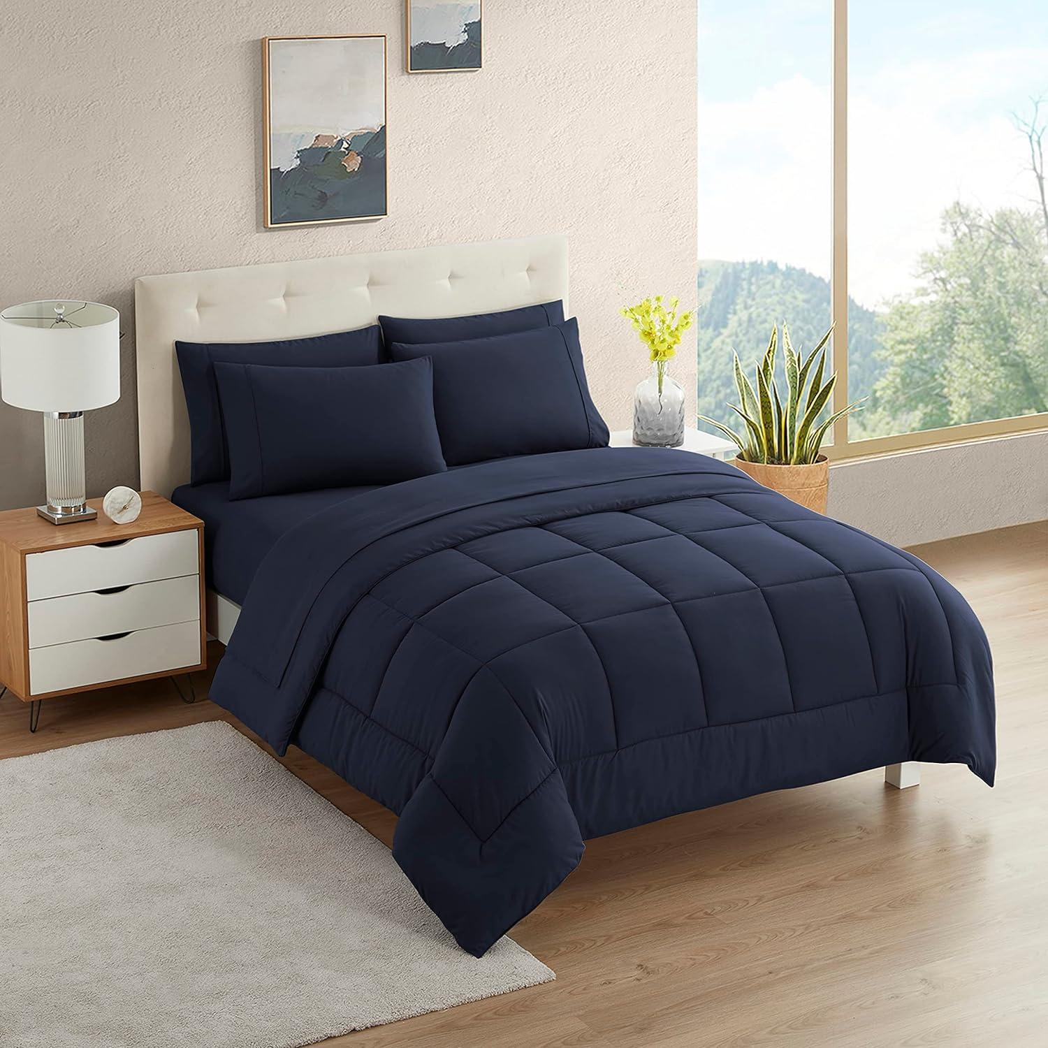 Navy Blue Twin Microfiber 5-Piece Bed in a Bag Set