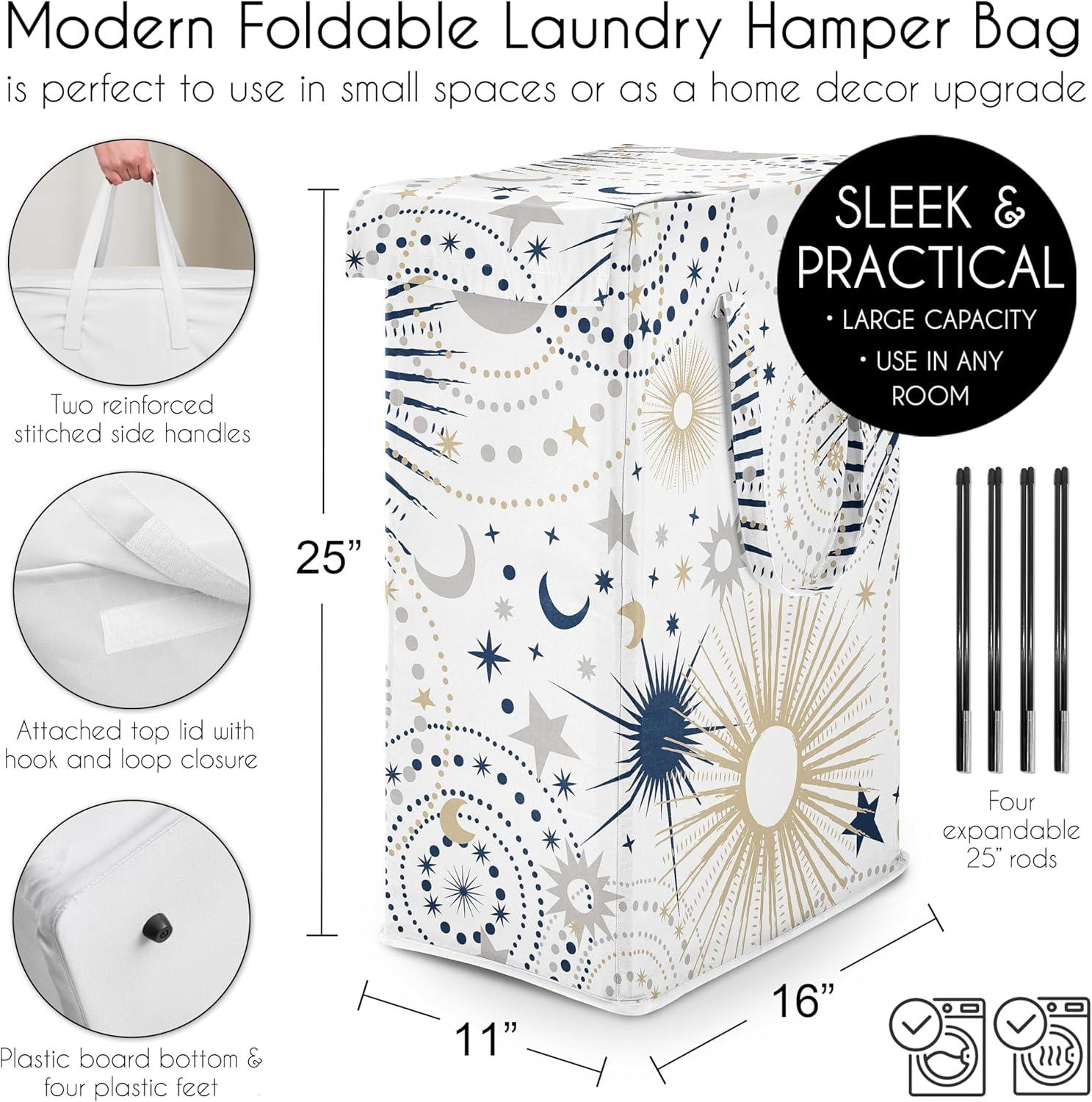 Sweet Jojo Designs Boy, Girl, Unisex/Gender Neutral Foldable Laundry Hamper with Handles Celestial Navy Blue and Gold