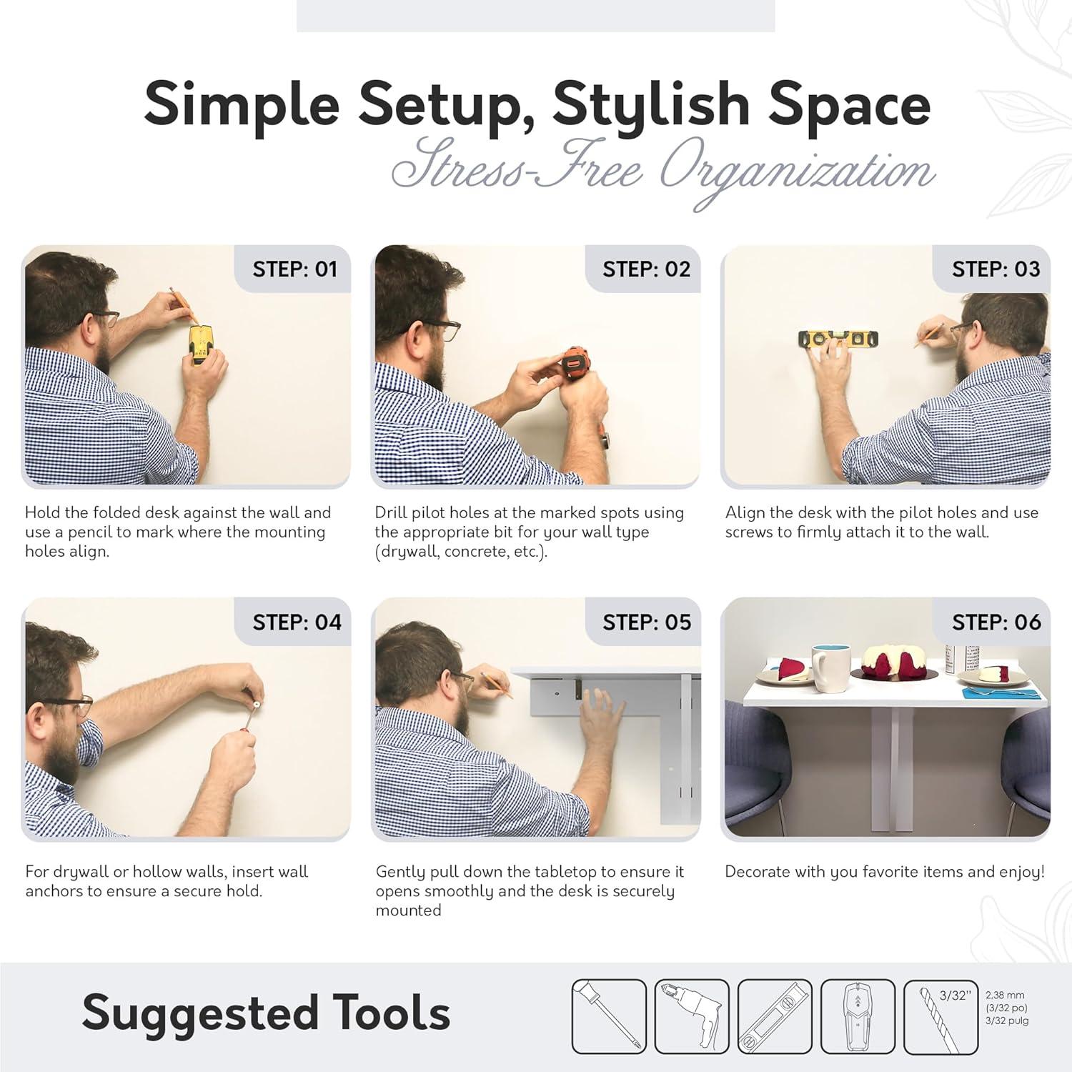 30" x 21.5" Wall Mounted Folding Table and Computer Desk White - InPlace: Fold Down Wall Desk, Kids Foldable Table