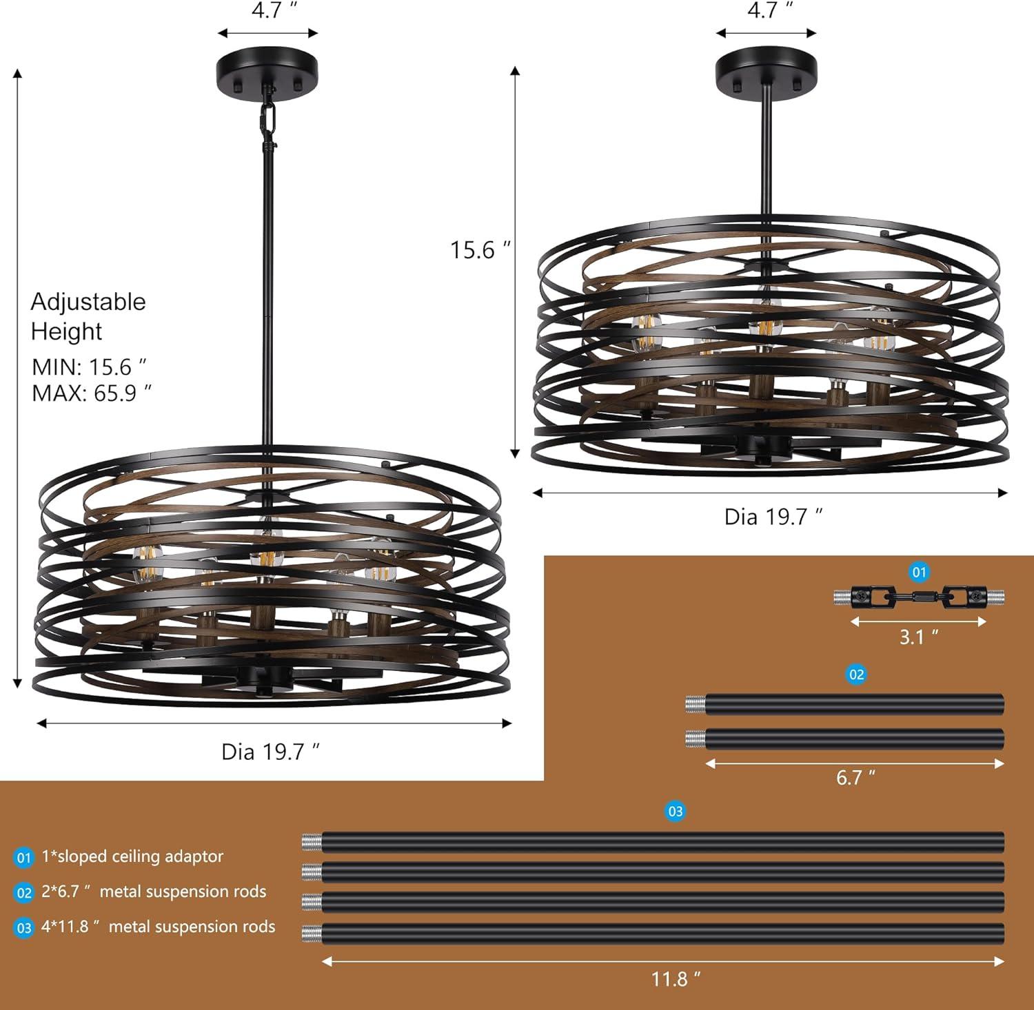 Dining Room Lighting Fixture, 5-Light Farmhouse Black Chandelier Drum Light, Round Metal with Retro Wood Texture Interior, E12 Bulbs Not Included