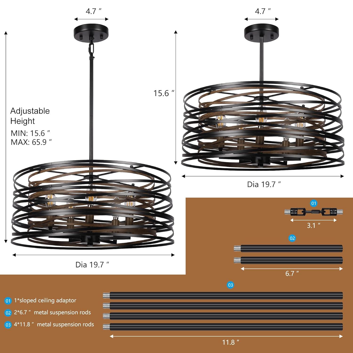 Dining Room Lighting Fixture, 5-Light Farmhouse Black Chandelier Drum Light, Round Metal with Retro Wood Texture Interior, E12 Bulbs Not Included