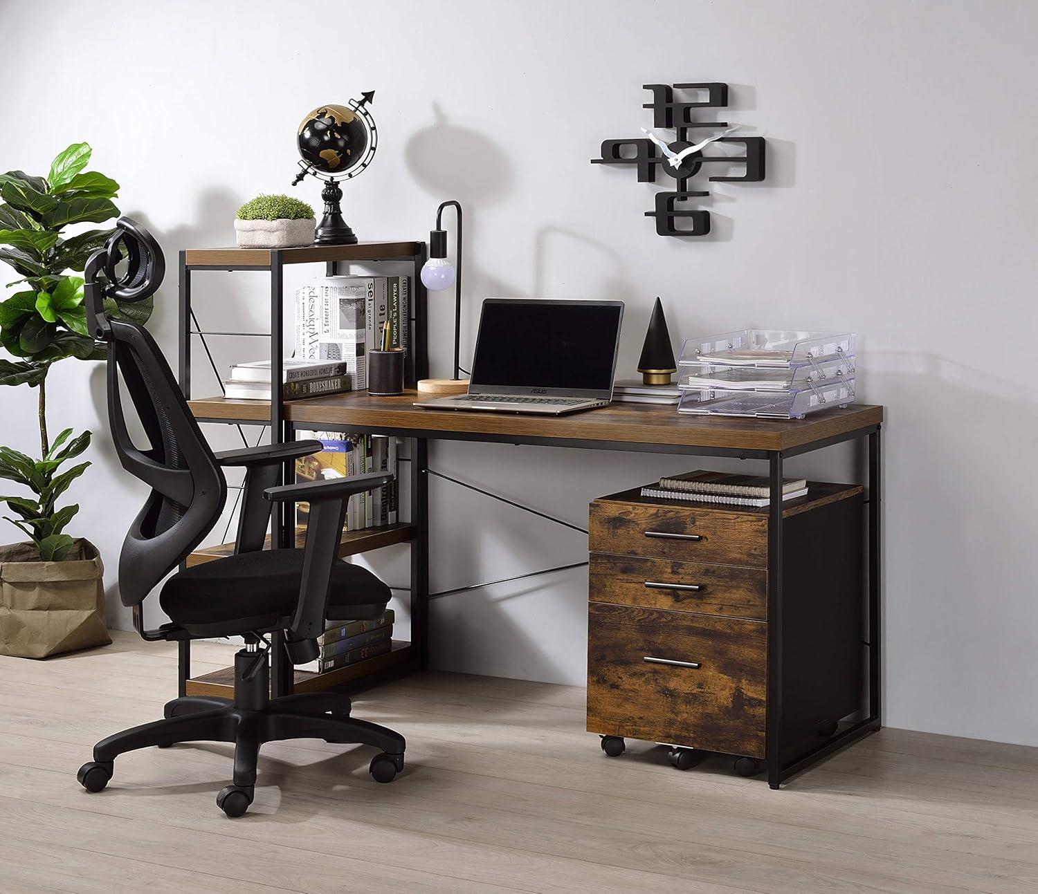 Rectangular Wooden Desk With Metal Base, Weathered Oak Brown And Black- Saltoro Sherpi