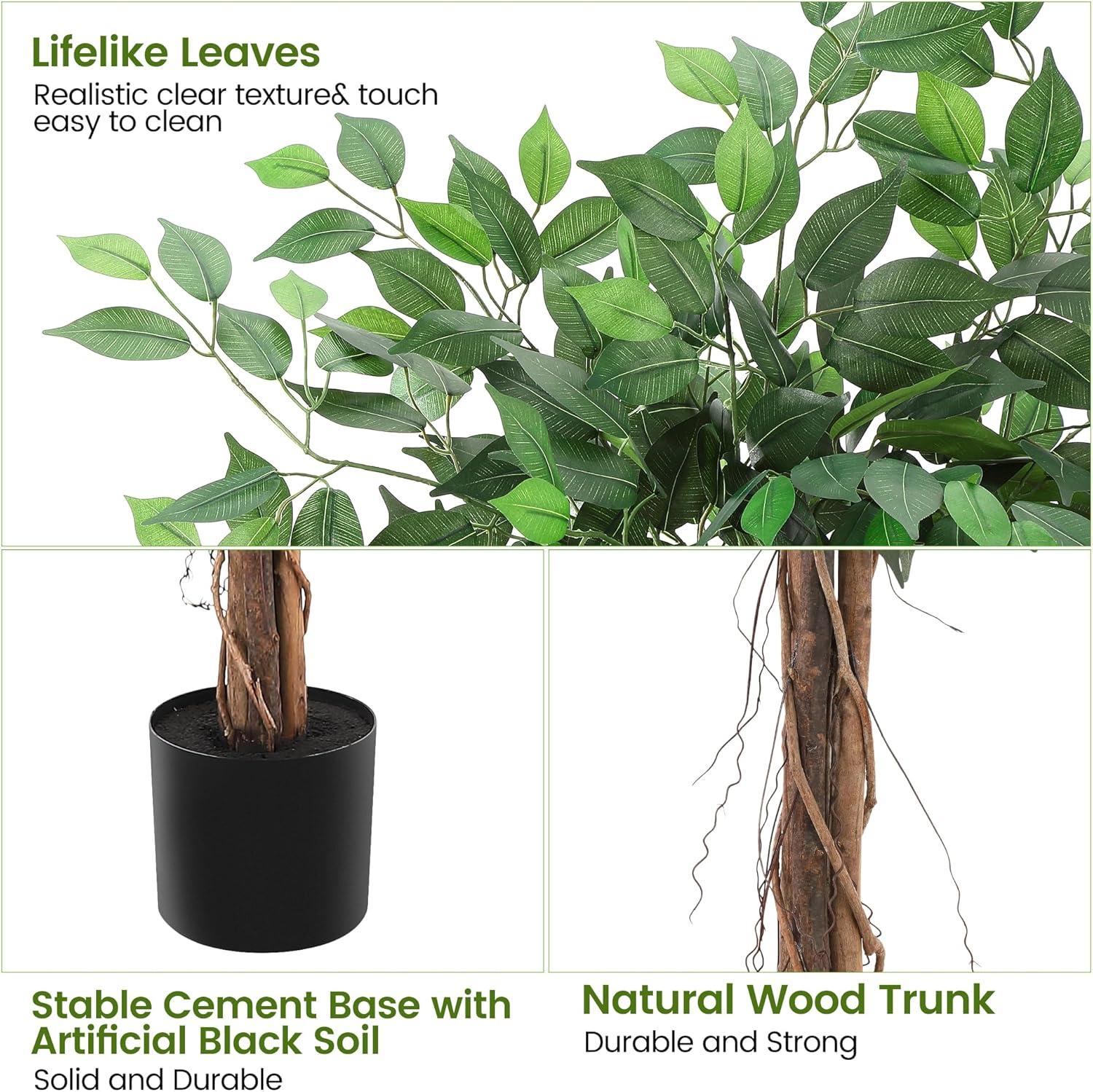 Danolapsi Artificial Ficus Tree,Tall Fake Ficus Silk Tree with Natural Wood Trunk in Plastic Nursery Pot for Indoor Outdoor House Living Room Office Garden Decor(4FT/5FT/6FT)