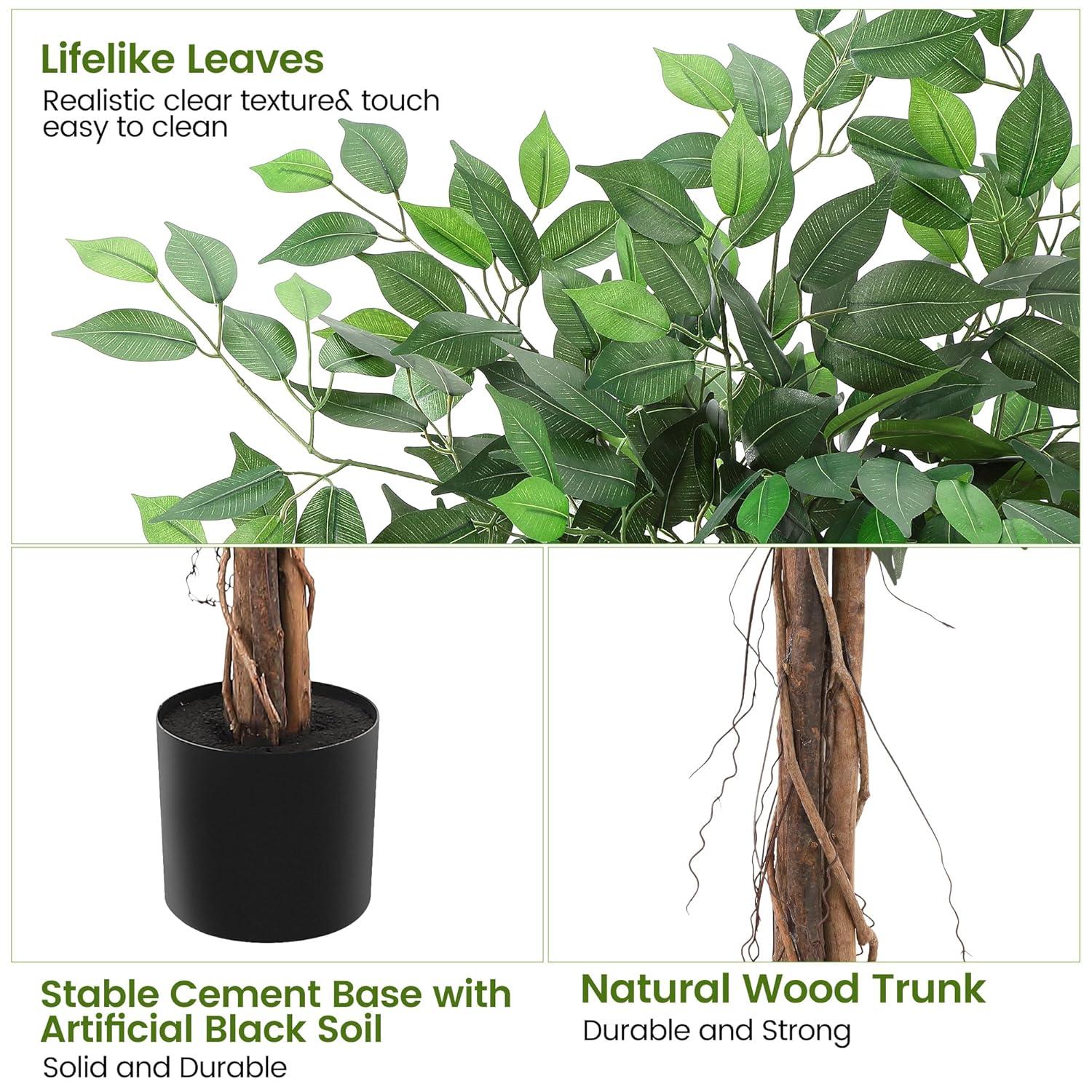 Danolapsi Artificial Ficus Tree,Tall Fake Ficus Silk Tree with Natural Wood Trunk in Plastic Nursery Pot for Indoor Outdoor House Living Room Office Garden Decor(4FT/5FT/6FT)