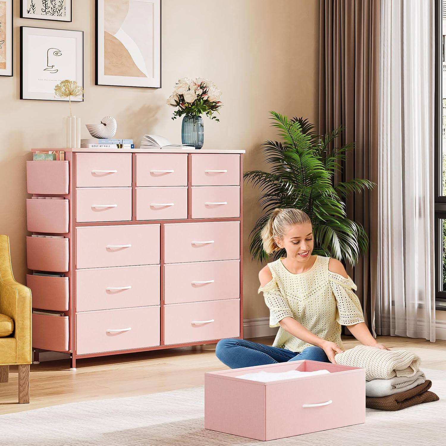 Jojoka 12-Drawer Dresser for Bedroom, Fabric Storage Organizer With Wood Top, Side Pockets & Hooks Cabinet for Closet, Nursery,  Pink