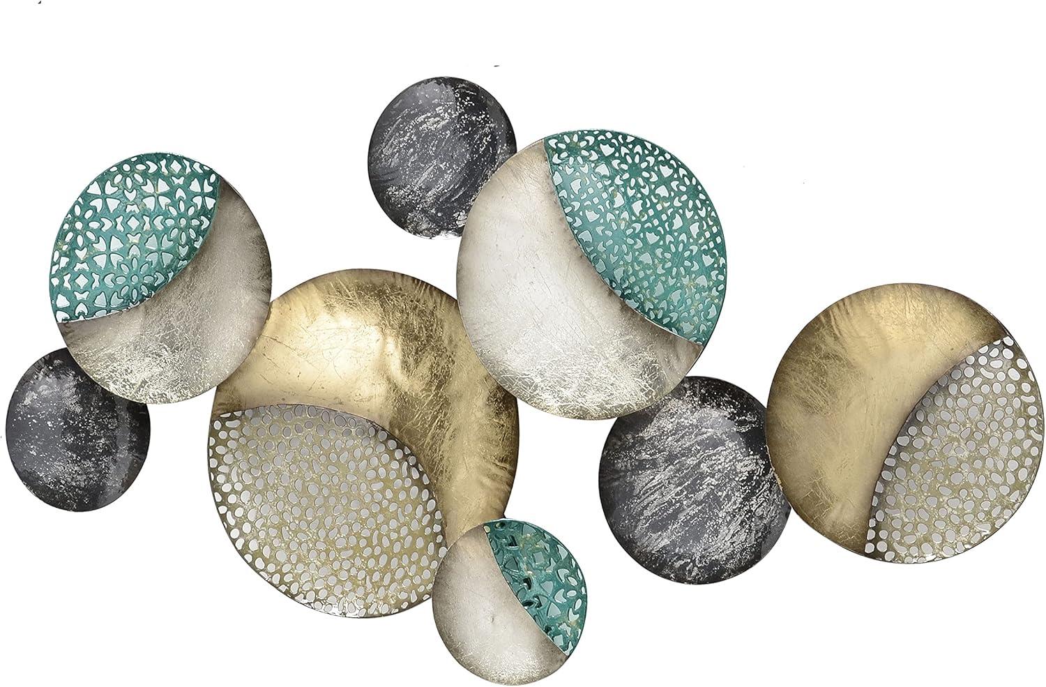 Modernist Floating Circles, Abstract Metal Wall Art, Artisan Crafted, Golden Gilt, Black, White and Rustic Gray, Pewter, Silver, Painted Iron, 35. 75 Inches