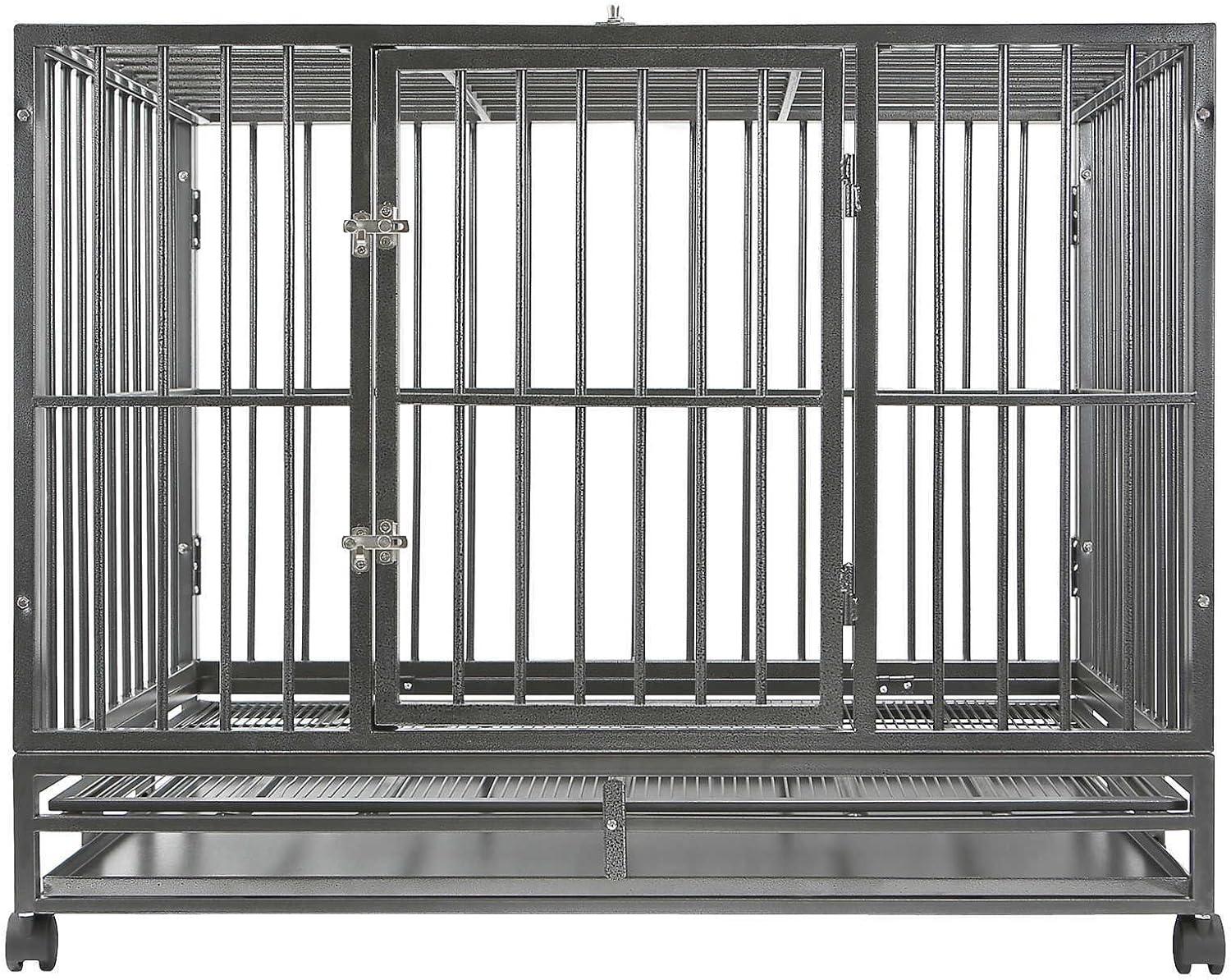 Large Gray Heavy-Duty Rolling Dog Crate with Tray