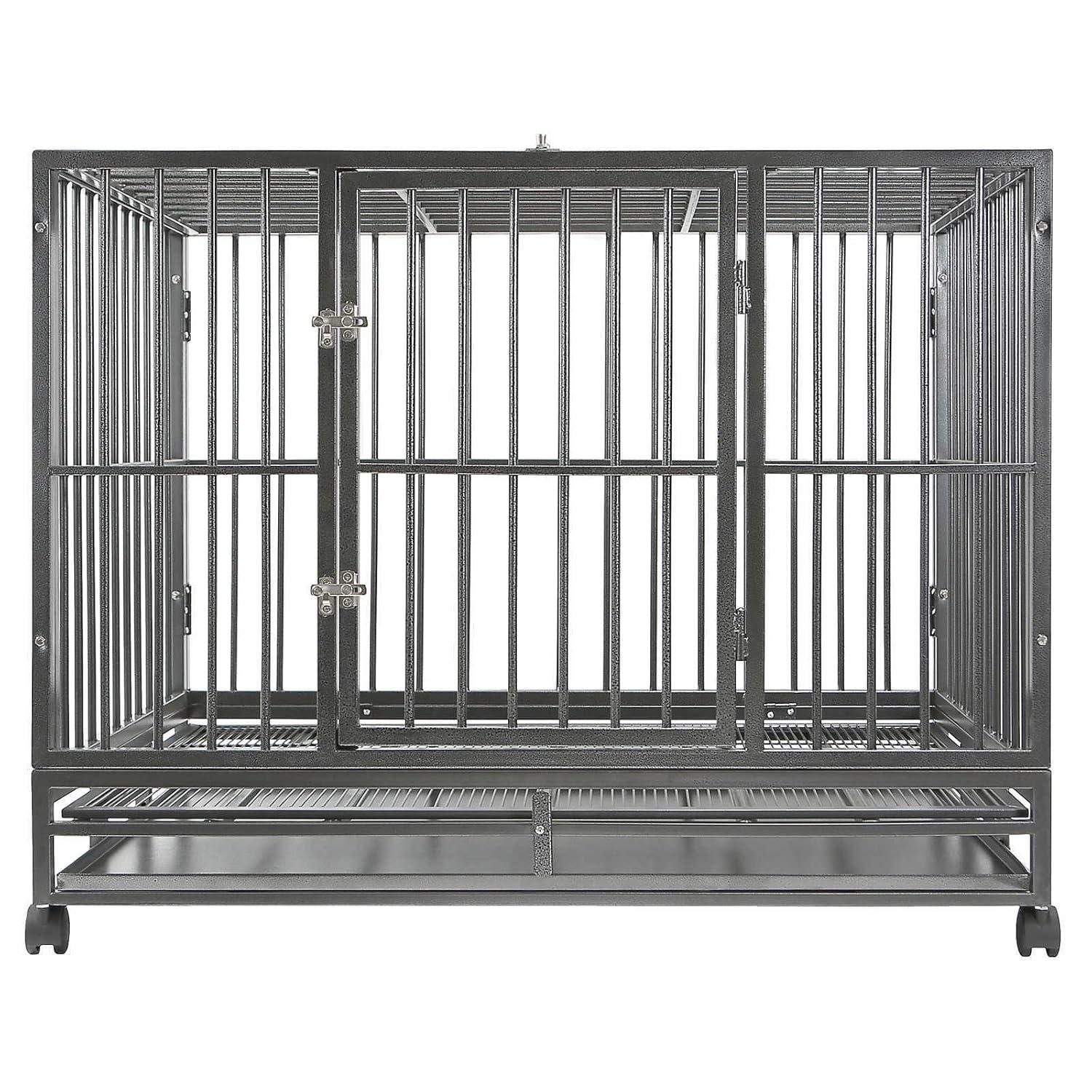 SmithBuilt 42" Large Heavy-Duty Dog Crate Cage - Two-Door Indoor Outdoor Pet & Animal Kennel with Tray - Silver