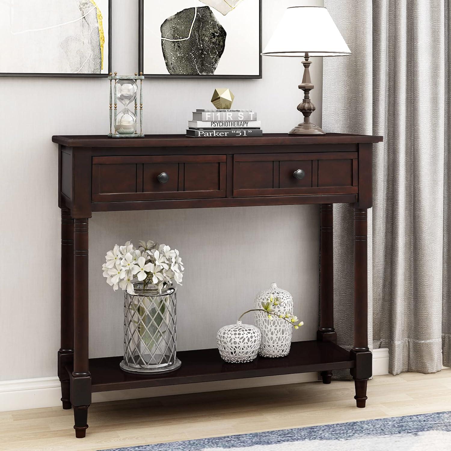 Alcott Hill® Wood Console Table with Two Drawers, Bottom Shelf