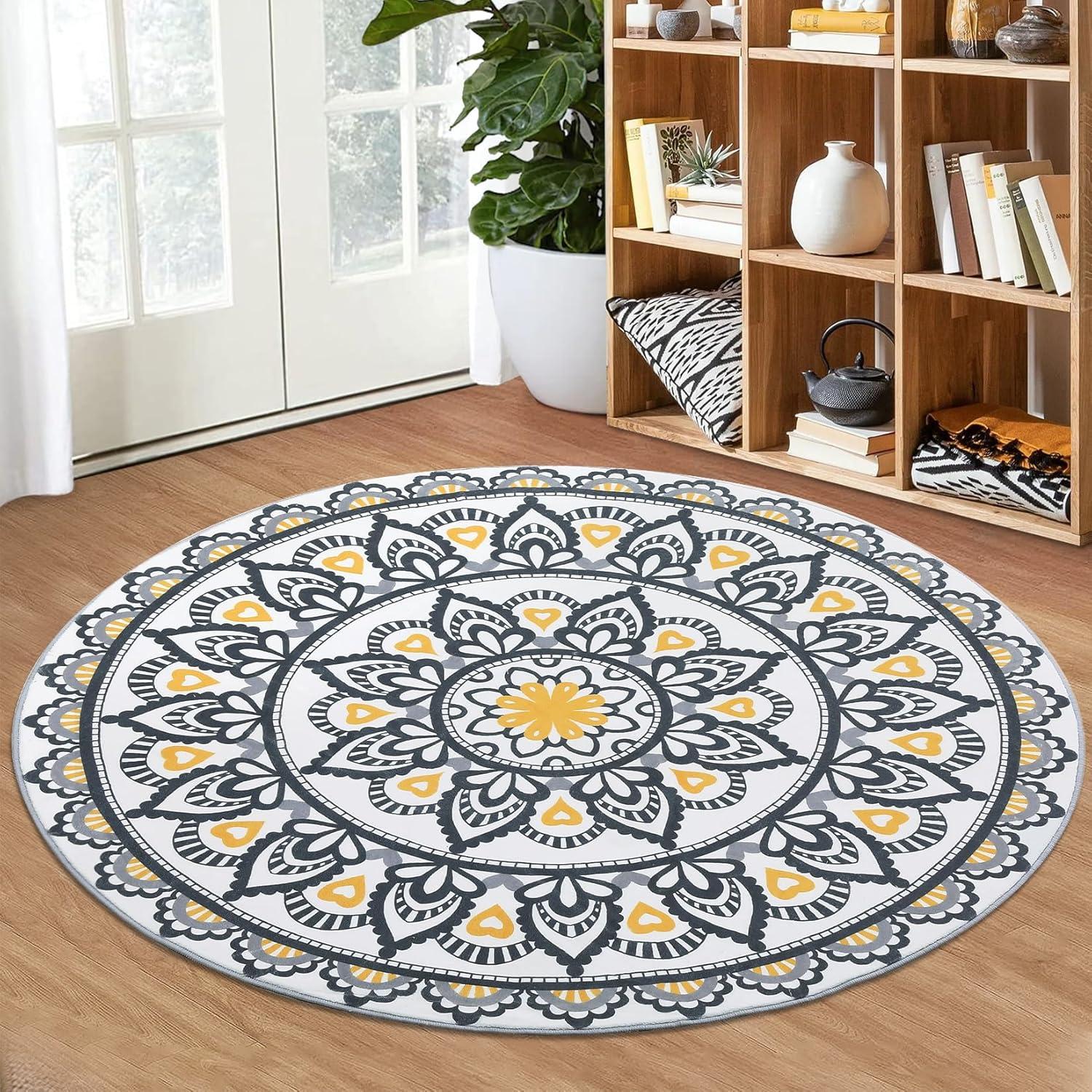 Yellow and Black Floral Round Washable Faux Wool Rug, 4'x4'