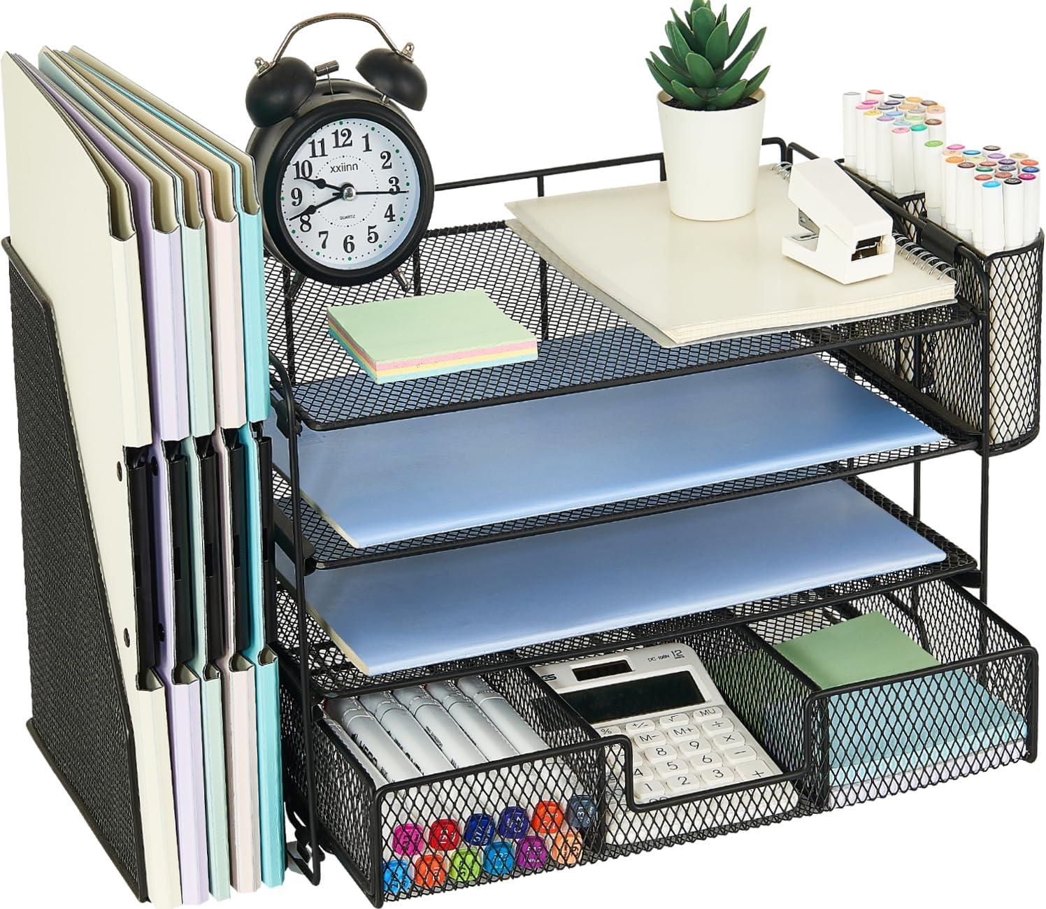 Black Metal 4-Tier Desk Organizer with File Holder and Pen Holders