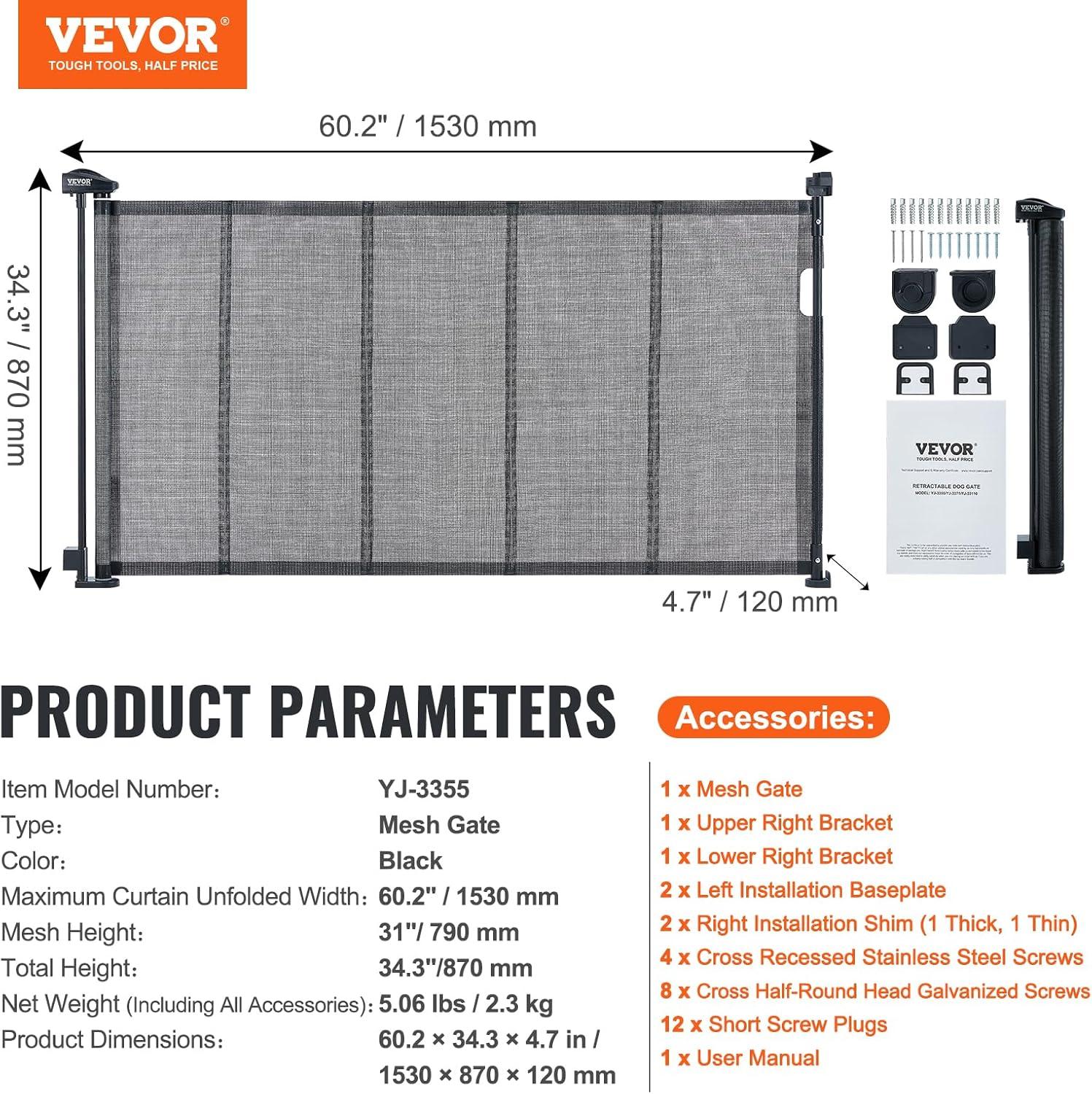 VEVOR VEVOR Retractable Gate Black Plastic Wall Mounted Pet Gate