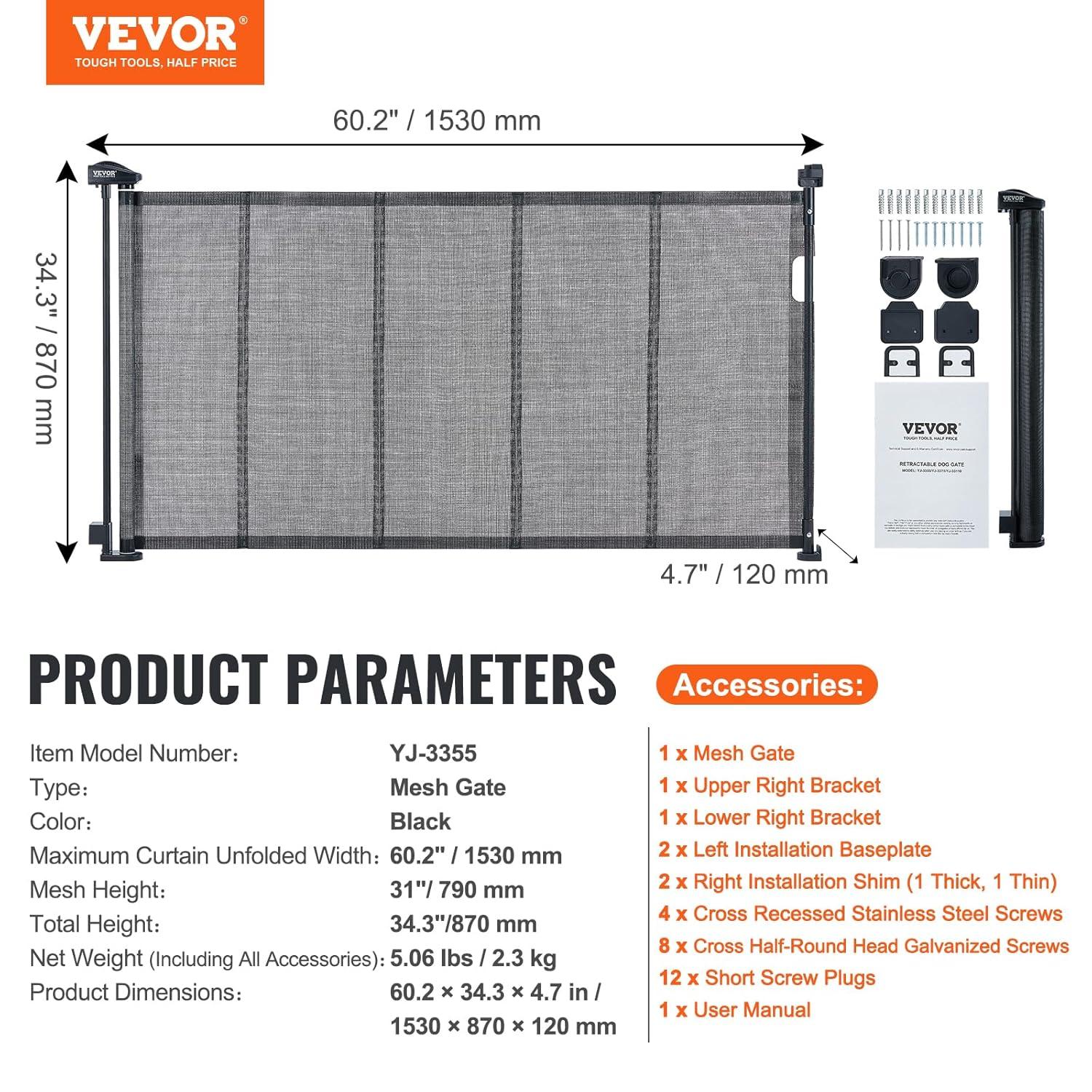 VEVOR VEVOR Retractable Gate Black Plastic Wall Mounted Pet Gate