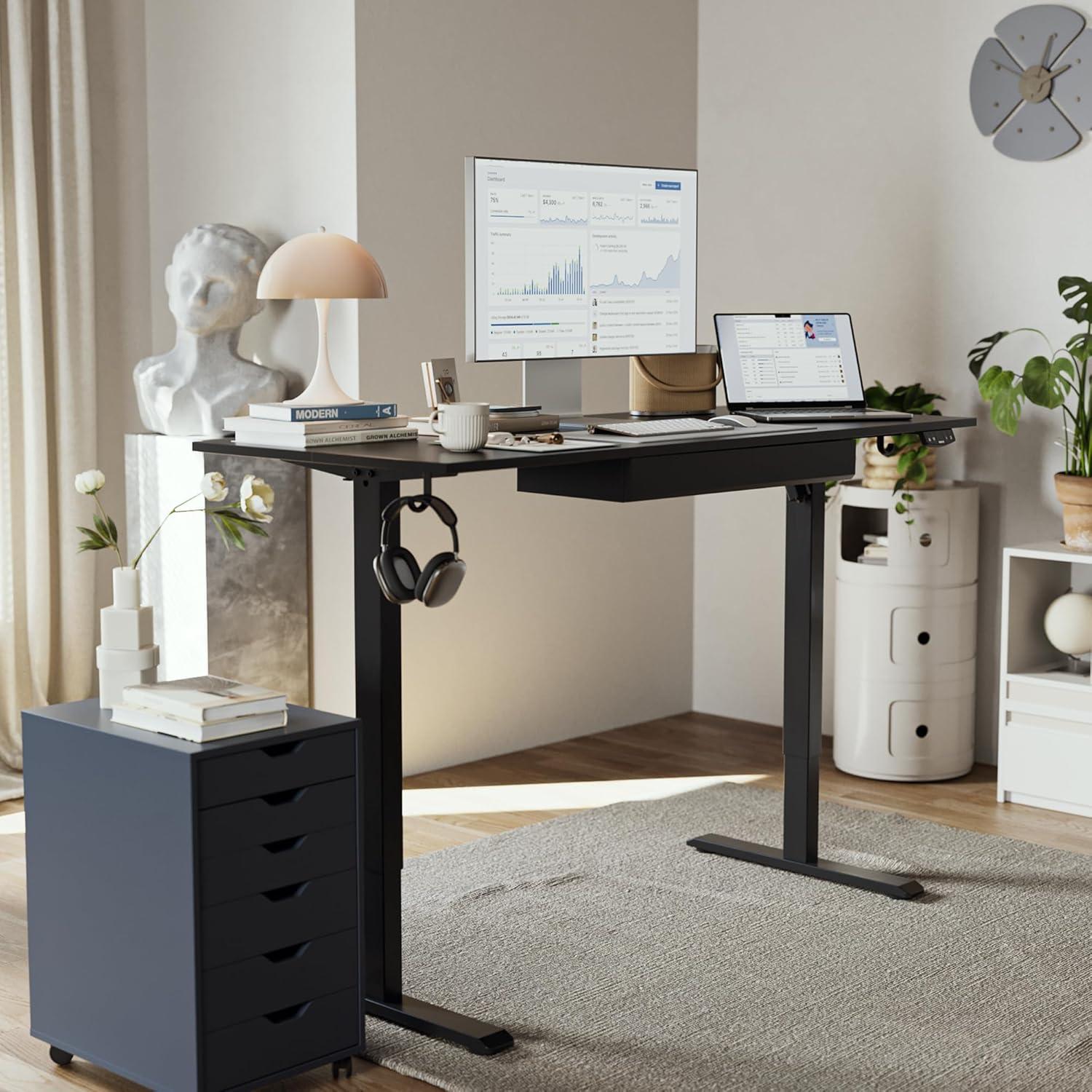 Agilestic Adjustable Height Electric Standing Desk with Storage Wooden Drawer, 55 x 24 Inches Stand Up Home Office Computer Gaming Table for Work Office Home, Rustic Brown