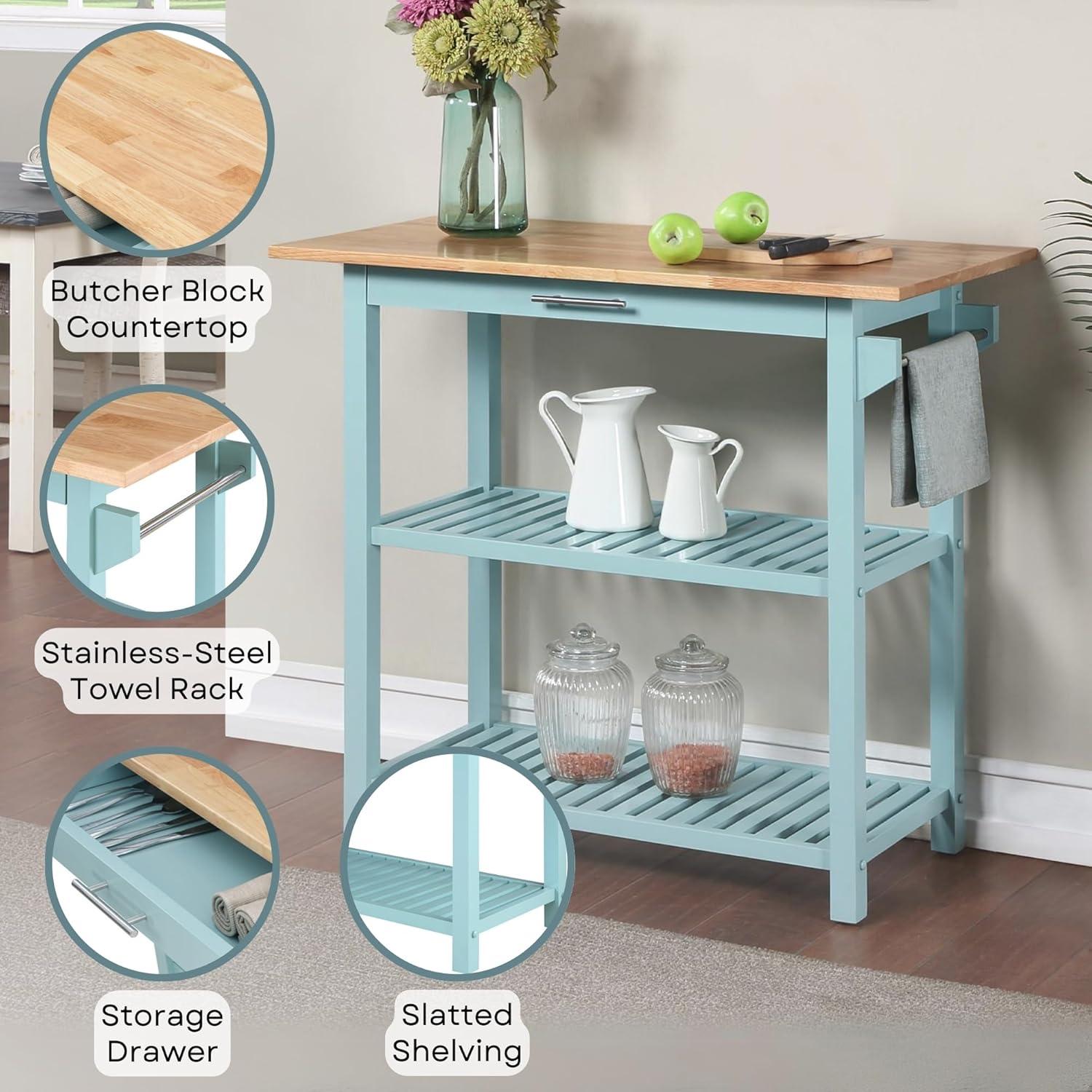 Convenience Concepts Designs2Go 3 Tier Butcher Block Kitchen Prep Island Cart with Drawer, Sea Foam Blue/Butcher Block