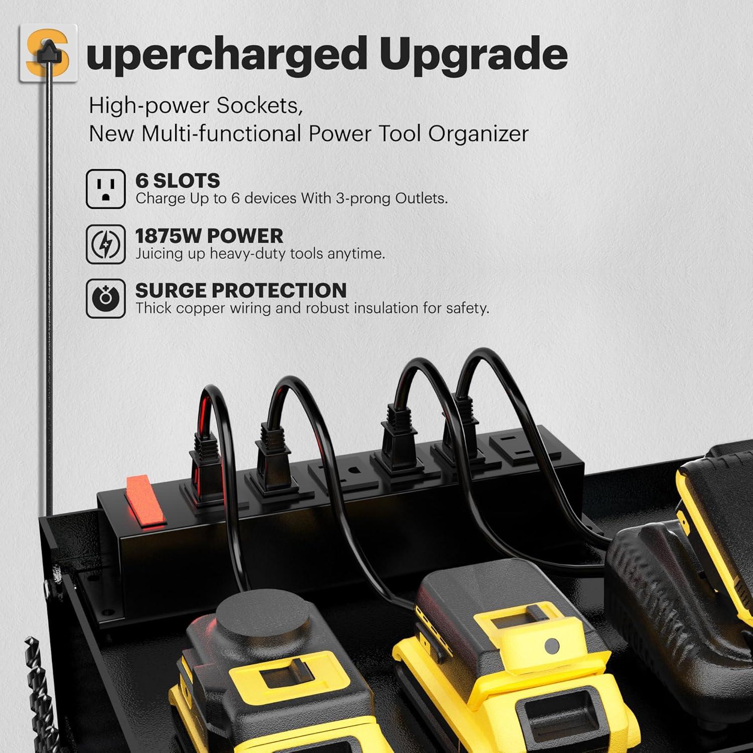 Spampur Power Tool Organizer Wall Mount with Charging Station, Garage Tool Shelf 6 Drill Holders, Tool Battery Holder with Plier holder Heavy Duty Rack, Tool Storage Rack with 4 Outlet Power Strip