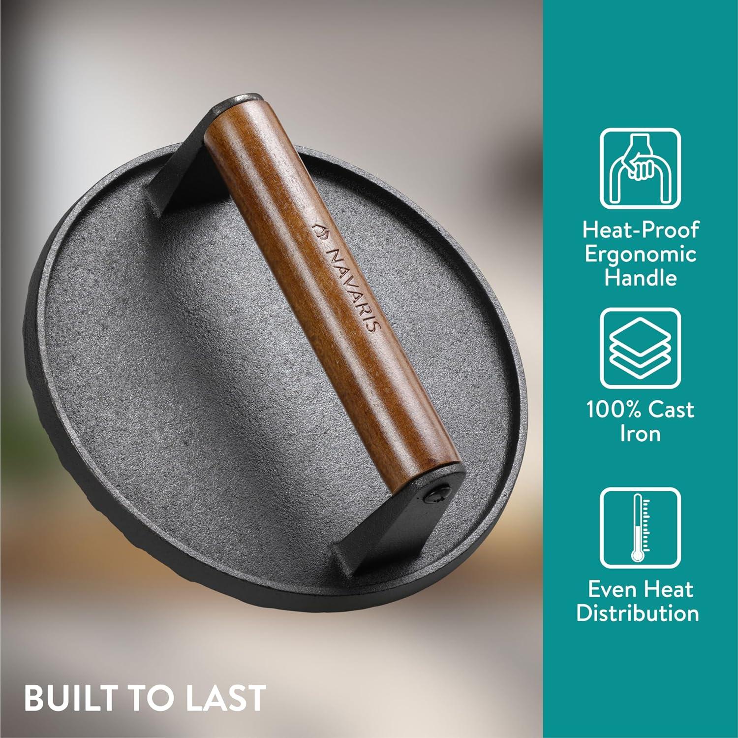 Navaris Cast Iron Round Burger Smasher - Food Grade Smash Burger Press with Wooden Handle - Grill BBQ Meat Patty Maker - Chef Press Burger Weight
