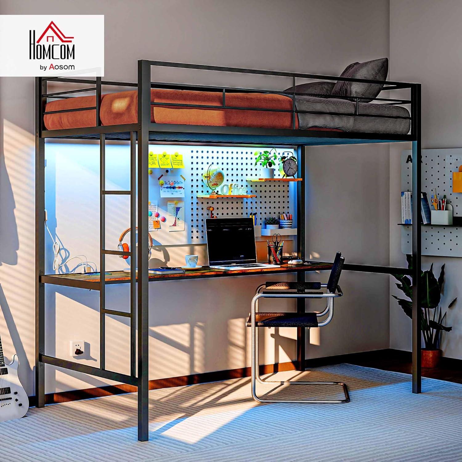 HOMCOM Twin Loft Bed with Desk, LED Lights, Charging Station, Twin Size Metal Loft Bed Frame with Safety Guardrail, Ladder, Noise Free, Black