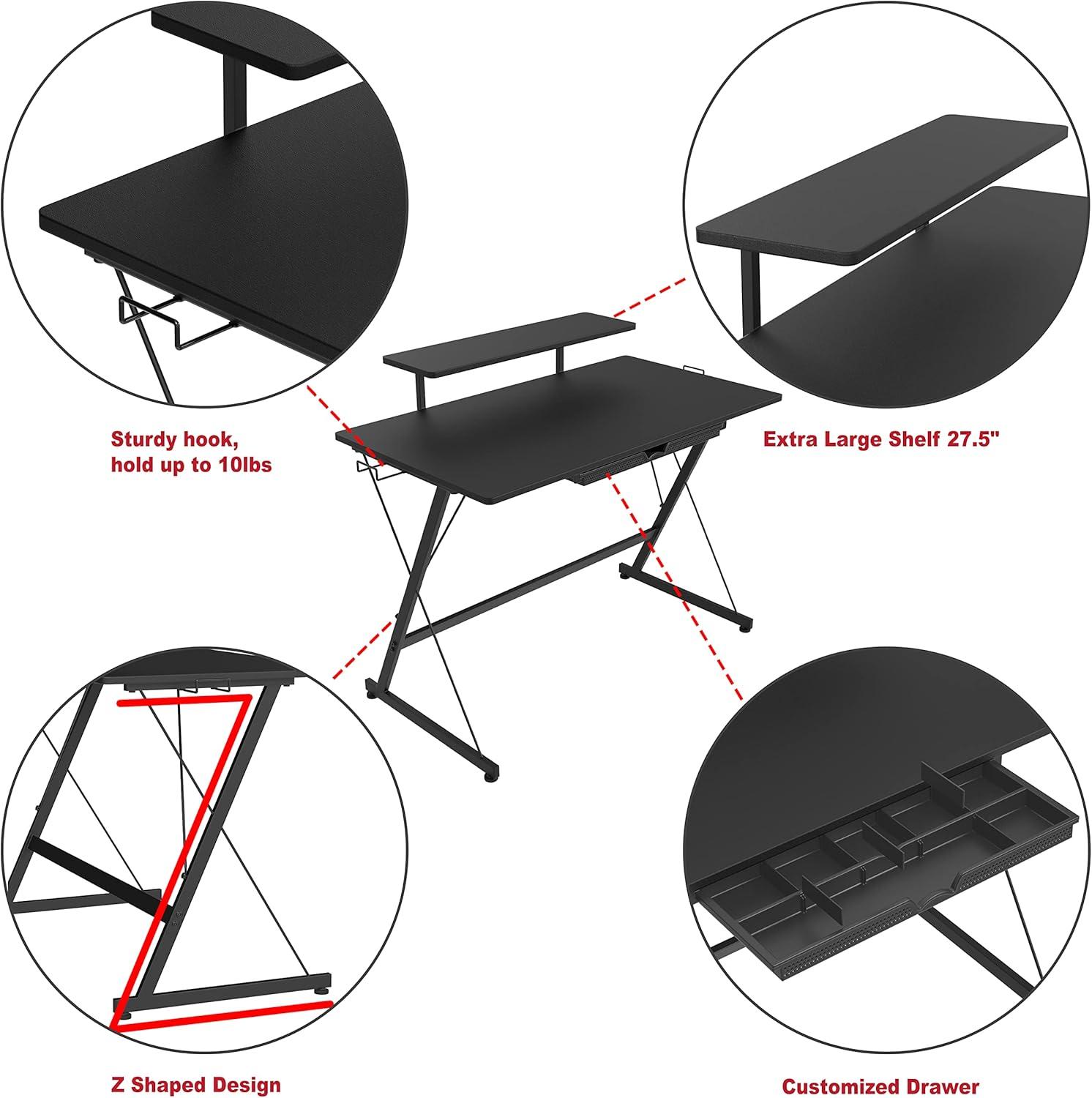 SHW 40-Inch Gaming Desk with Monitor Riser, Drawer and Hooks, Black