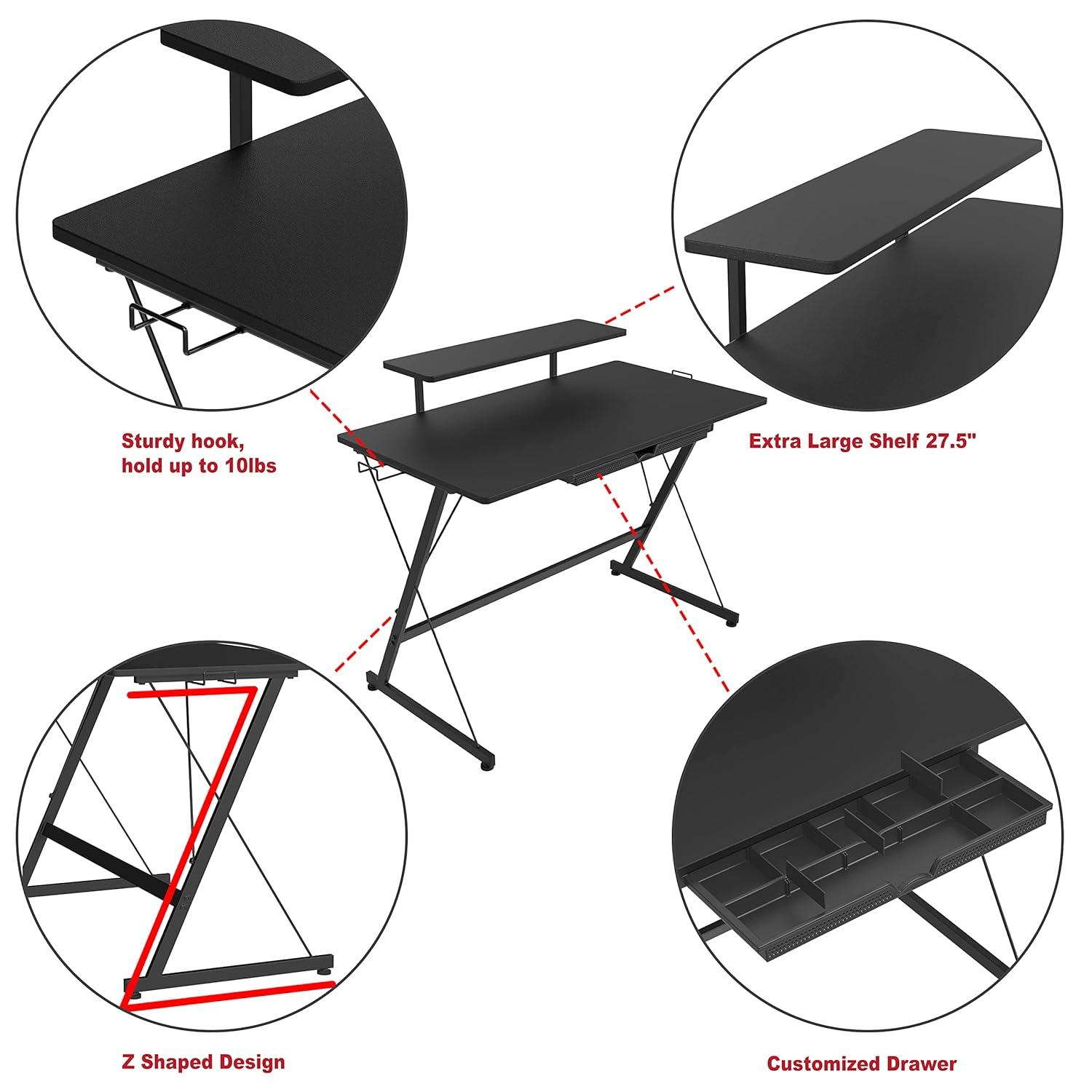 SHW 40-Inch Gaming Desk with Monitor Riser, Drawer and Hooks, Black
