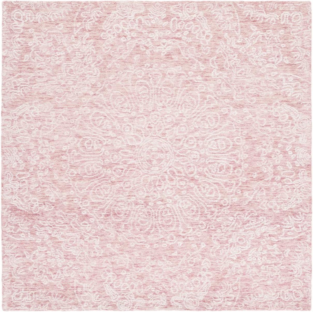 Ivory and Pink Floral Hand-Tufted Wool Square Rug