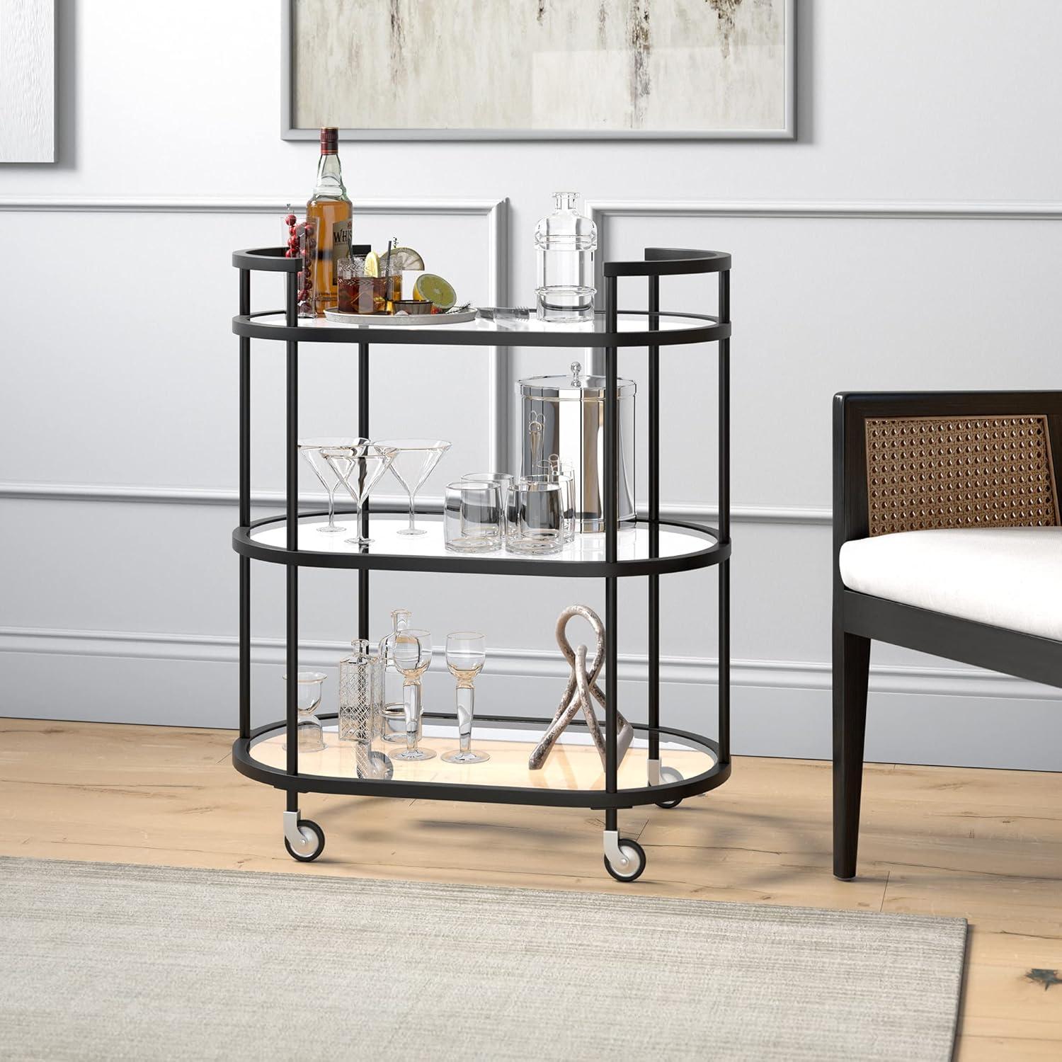 Modern Blackened Bronze 30" Wide Round Bar Cart with Tempered Glass Shelves