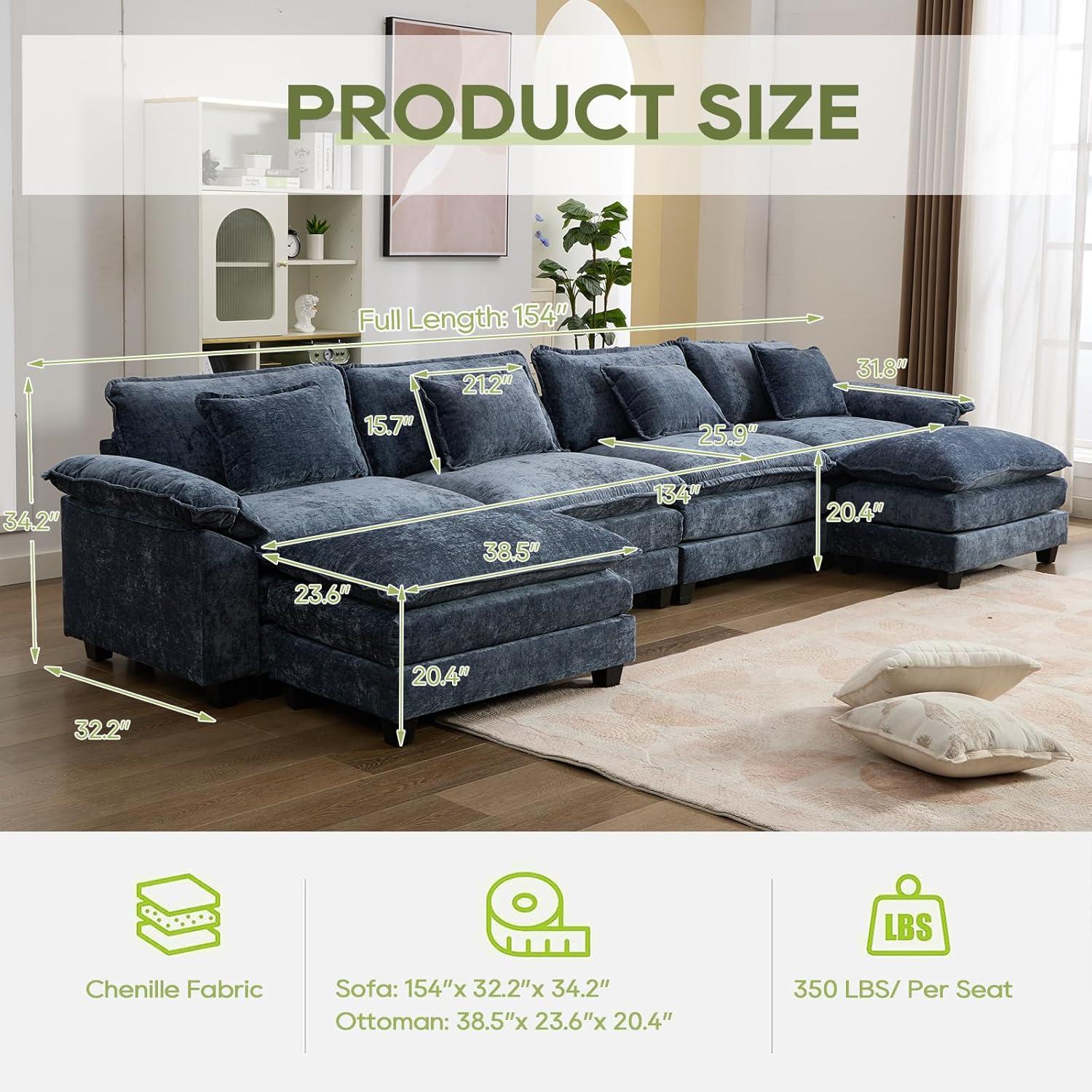 Carbaugh 154" Oversized U Shaped Sectional Sofa, Comfy Cloud Couch Deep Sectional Sofa with Ottomans for Living Room