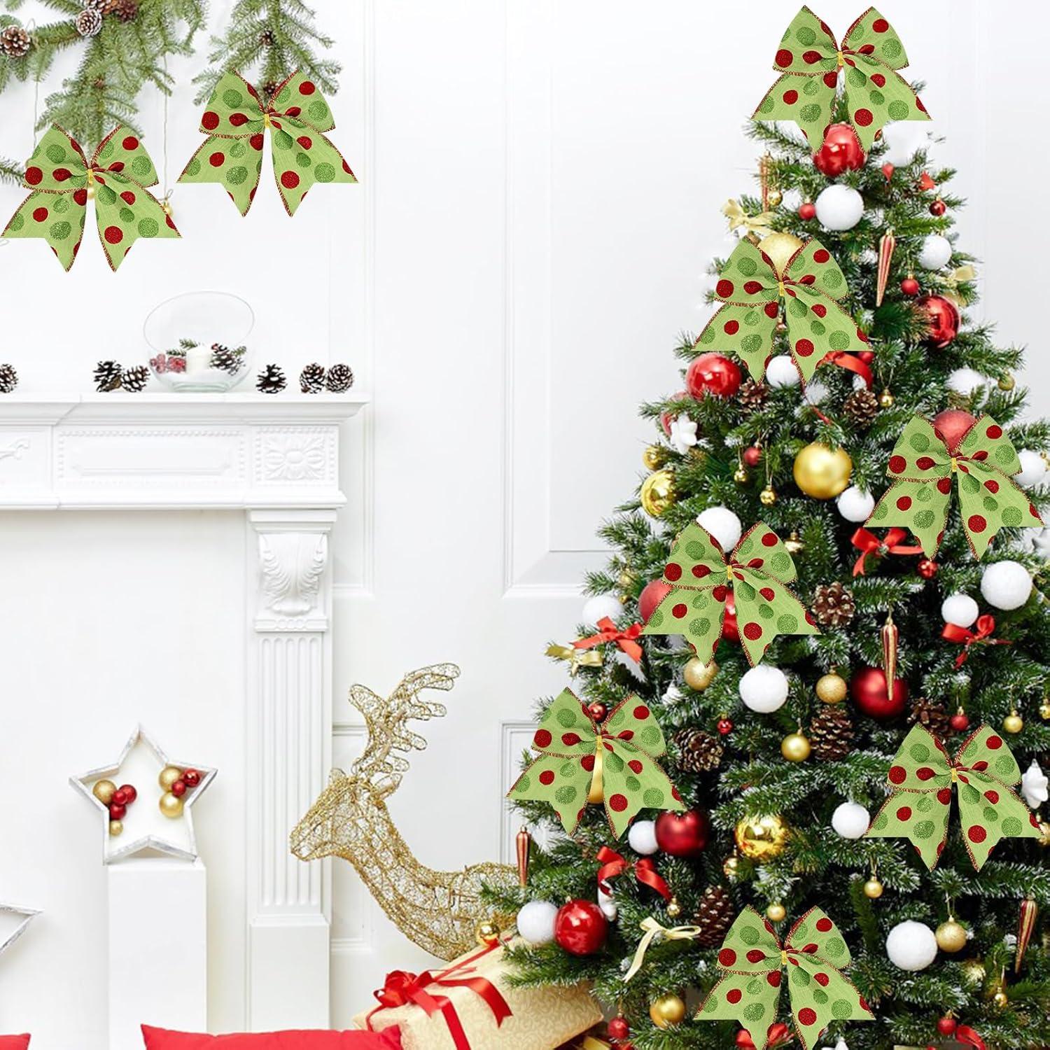 Sandistore Cute Cars 12pcs Christmas Tree Bows Ornaments 6 Inch Large Christmas Wreath Bows Red Green Xmas Tree Bows Christmas Glitter Dot Bows Ribbons Decoration For Garland Diamonds for Crafts