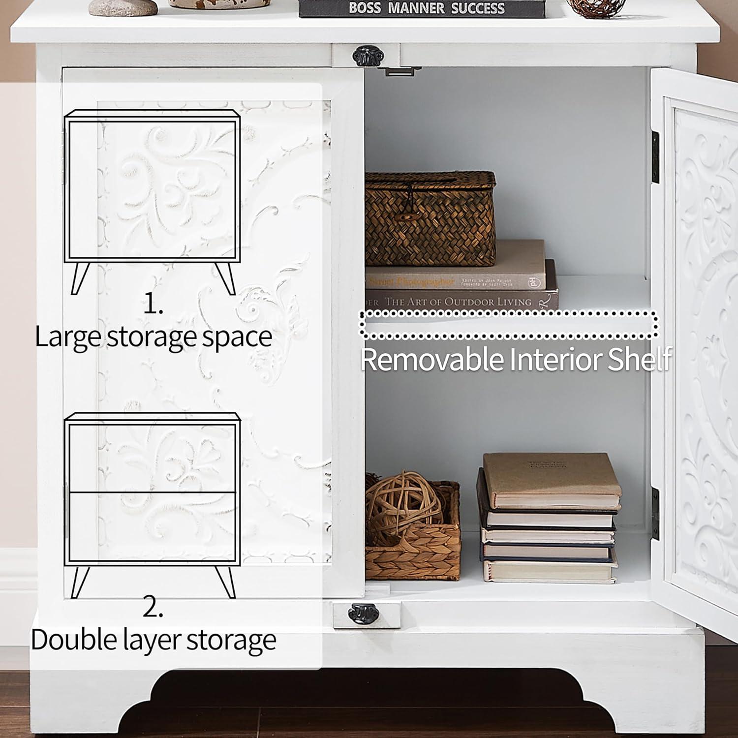 White Floral Pattern Farmhouse Sideboard with Solid Wood Legs