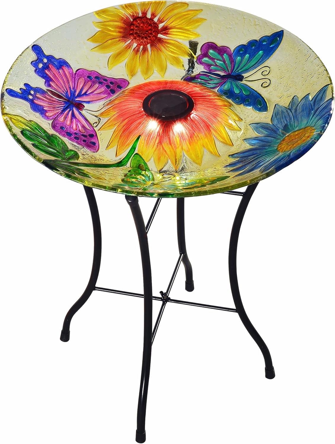 Teamson Home Outdoor 18" Hand painted Butterfly Fusion Glass Solar Bird Bath w/ Stand