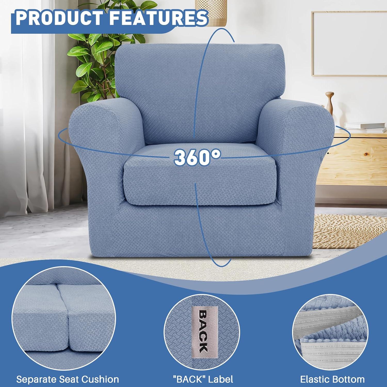 JIVINER 2 Pieces Armchair Covers for Living Room Stretch Chair Slipcovers with 1 Seat Cushion Covers Thick Fitted Couch Cover for Pet Dogs Furniture Protector (Chair, Light Blue)