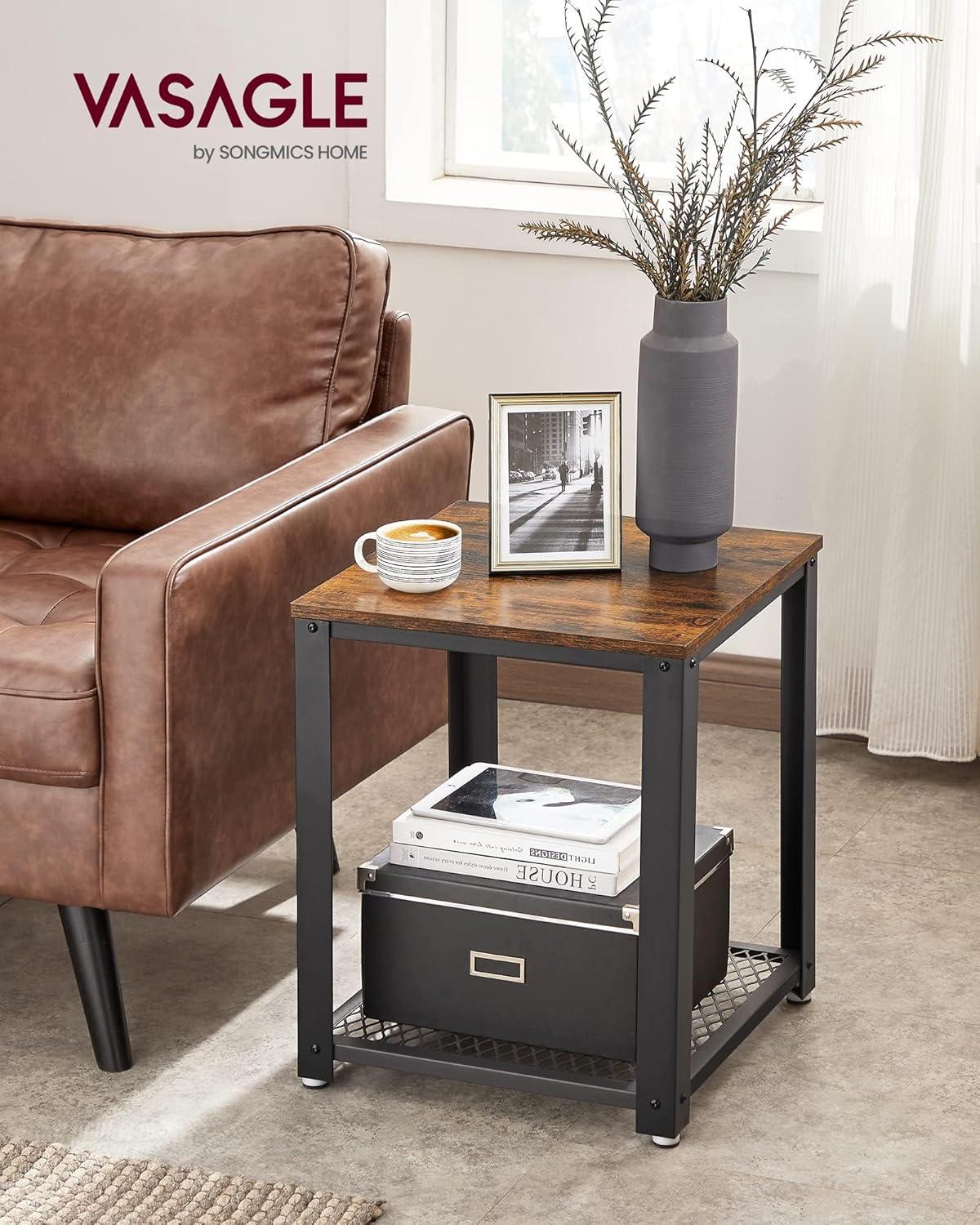 Industrial Side Table 2-Tier Nightstand with Mesh Shelf End Wood Look Accent Furniture with Metal Frame Black Brown Rectangular Finish