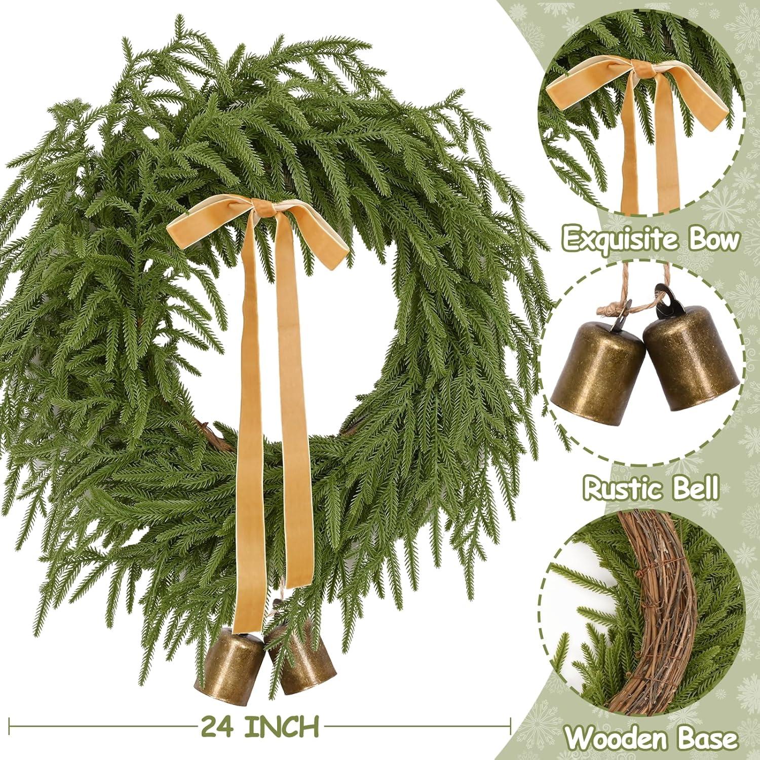 24-Inch Artificial Pine Christmas Wreath with Lights and Ribbon