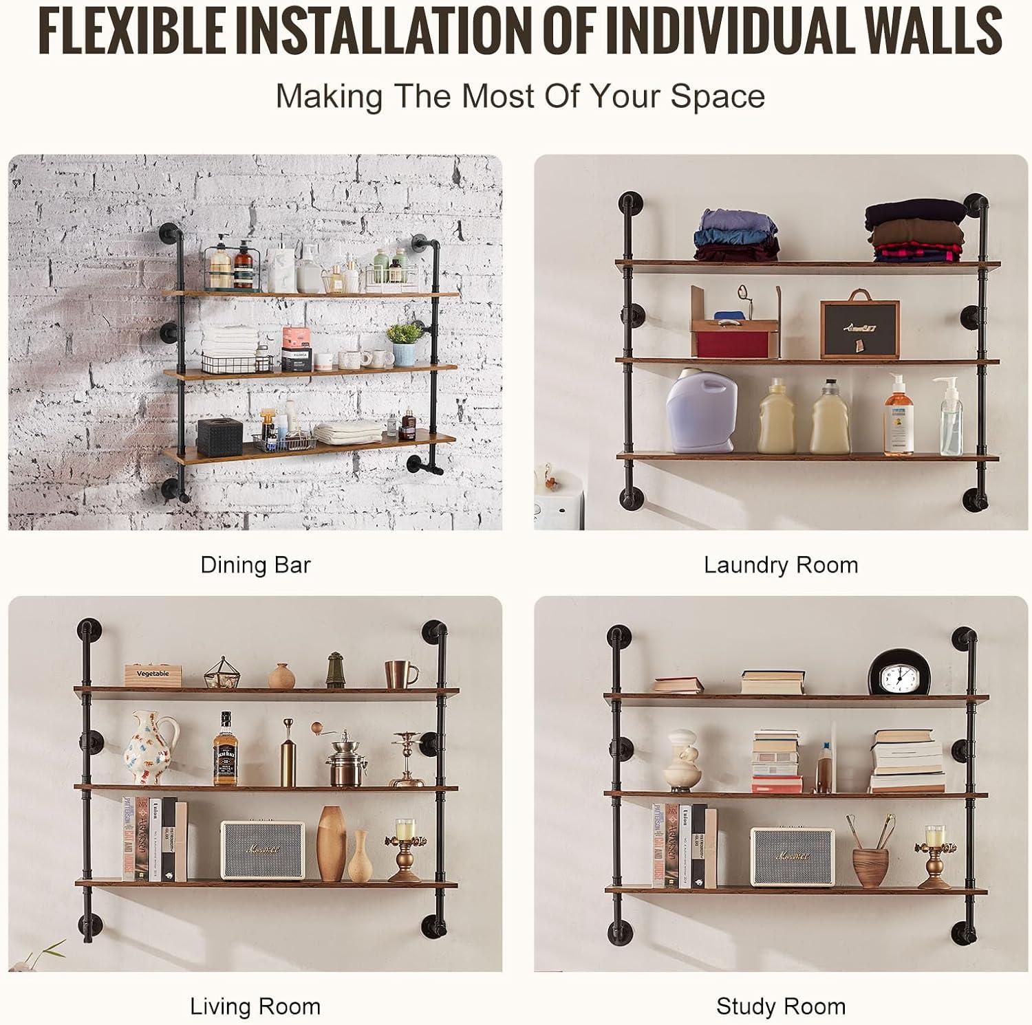 VEVOR Industrial Pipe Shelf, 3 Tier 48x9.84in, Wall-Mount Floating Rustic Wood Shelves Bracket Display Bookshelf, Storage Rack Sundries Holder for Kitchen Bedroom Bathroom Living Room, Black