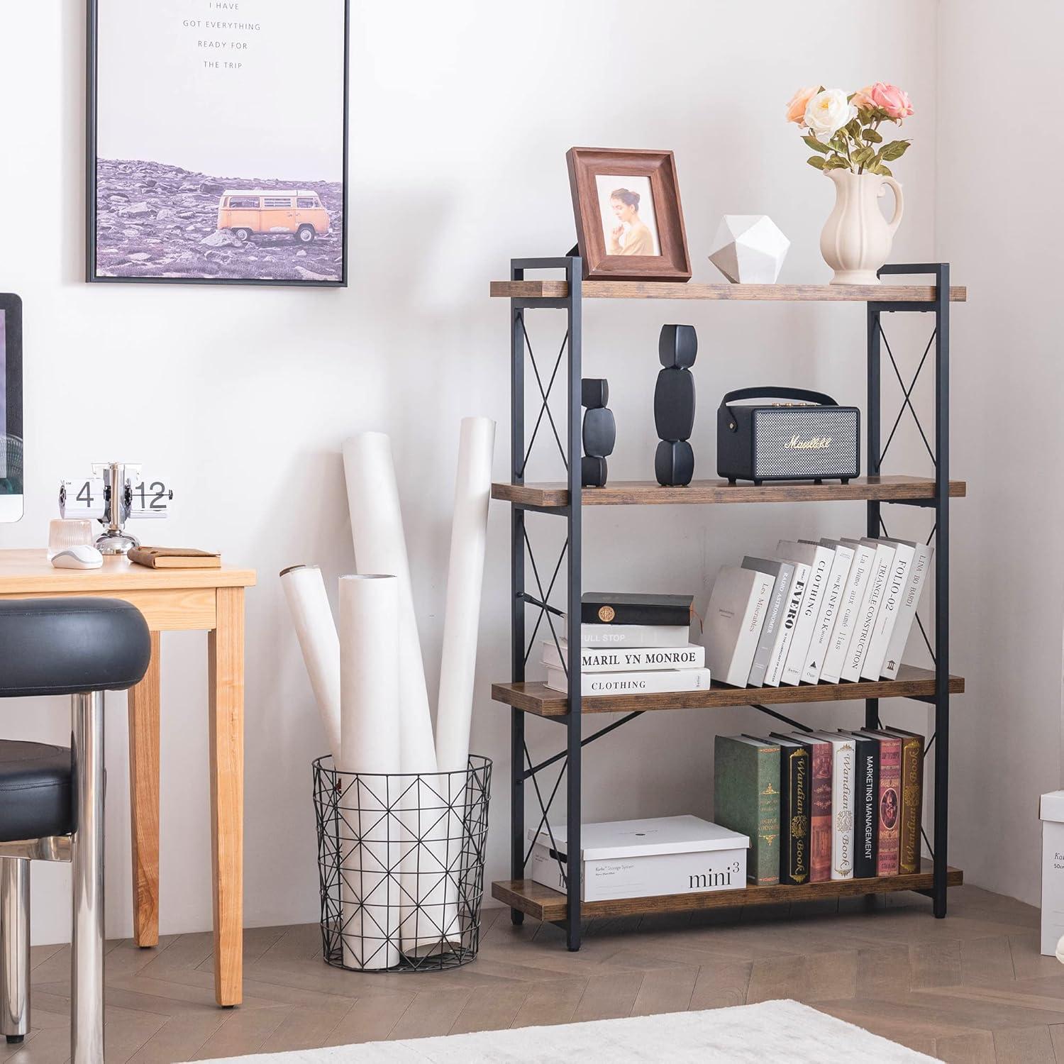 Rustic Brown 4-Tier Wood and Metal Barrister Shelf