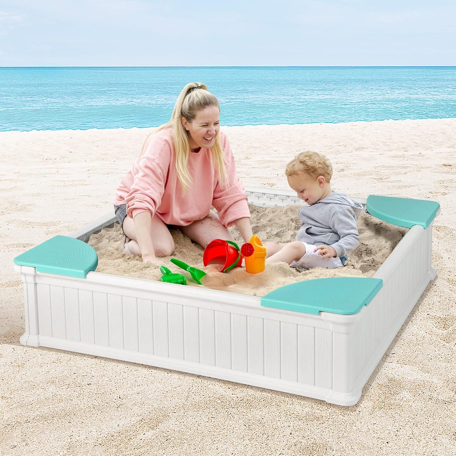 White Plastic Kids Outdoor Sandbox with Seats and Cover