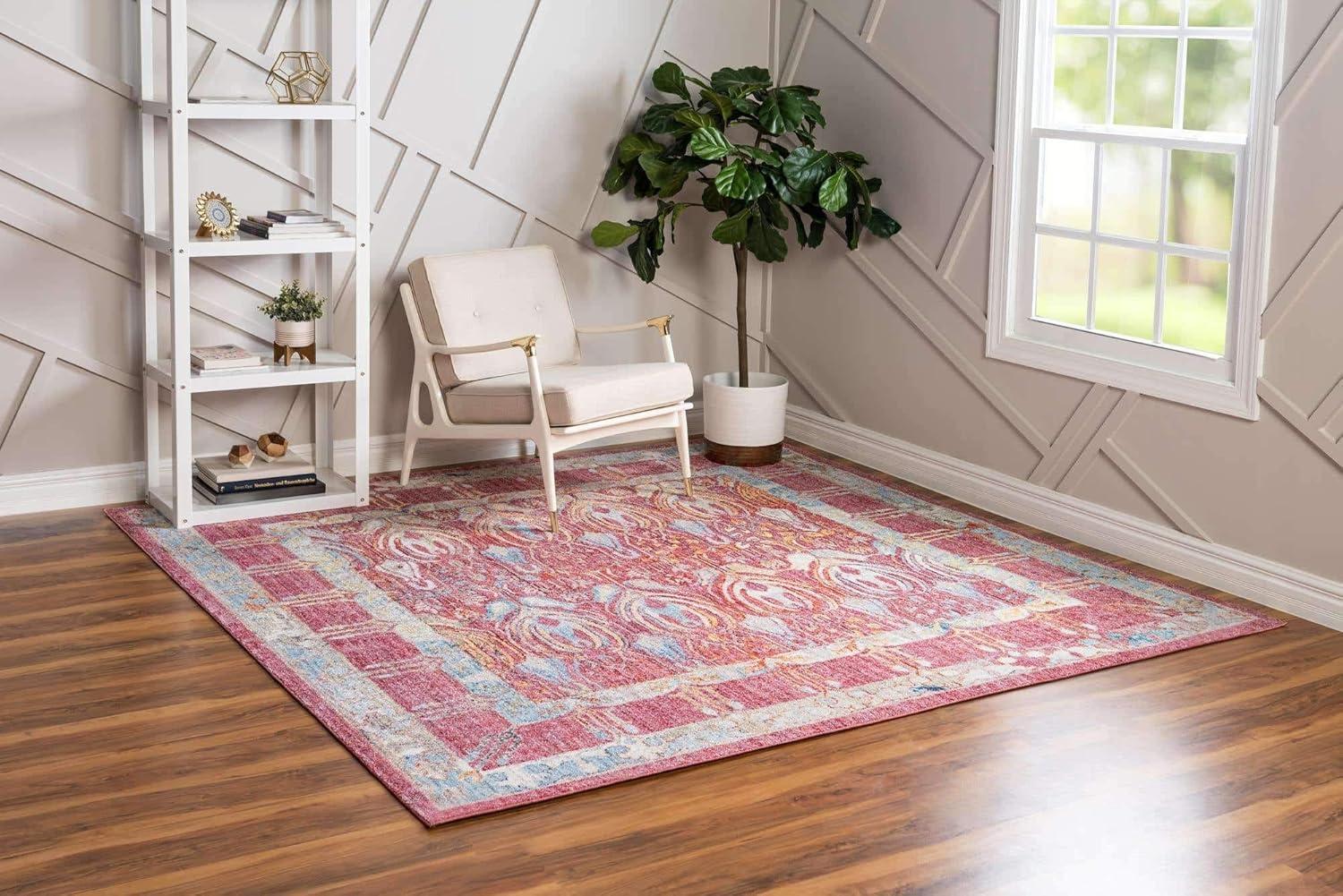 Unique Loom Williamsburg Brighton Rug Red/Beige 8' Square Border Bohemian Perfect For Dining Room Living Room Bed Room