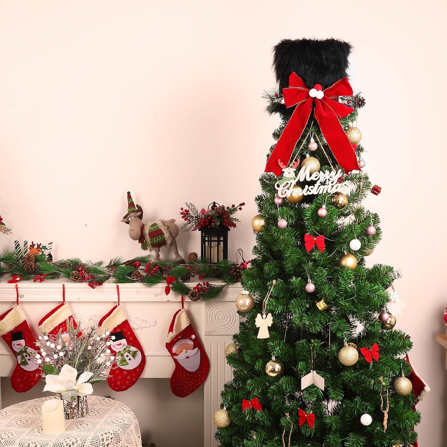 Black Plush Christmas Tree Topper Hat with Red Bow and LED Projector