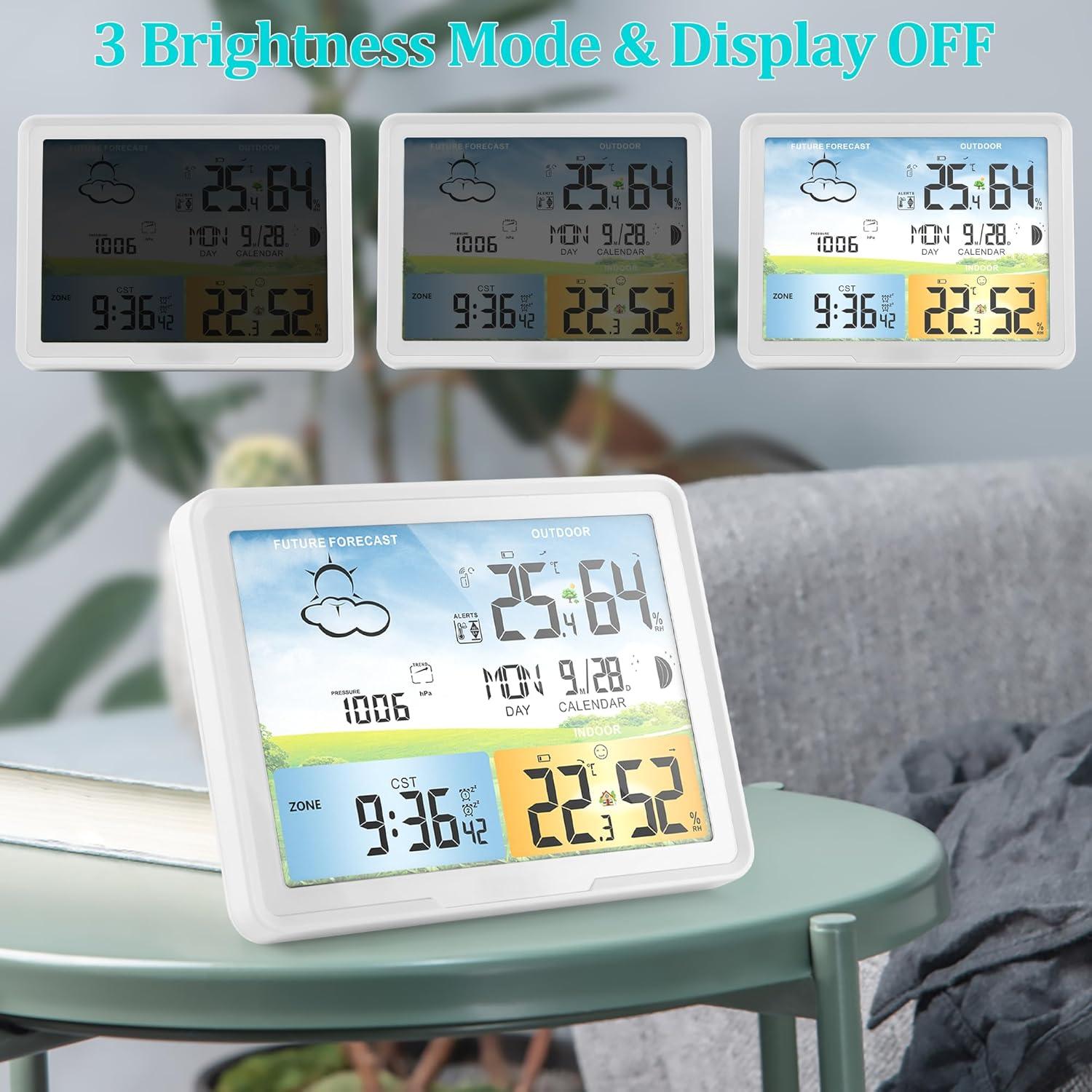 Weather Station Wireless Indoor Outdoor Thermometer, Color Display Digital Thermometer Humidity Monitor with Atomic Clock, Forecast Station with Calendar and Adjustable Backlight for Home