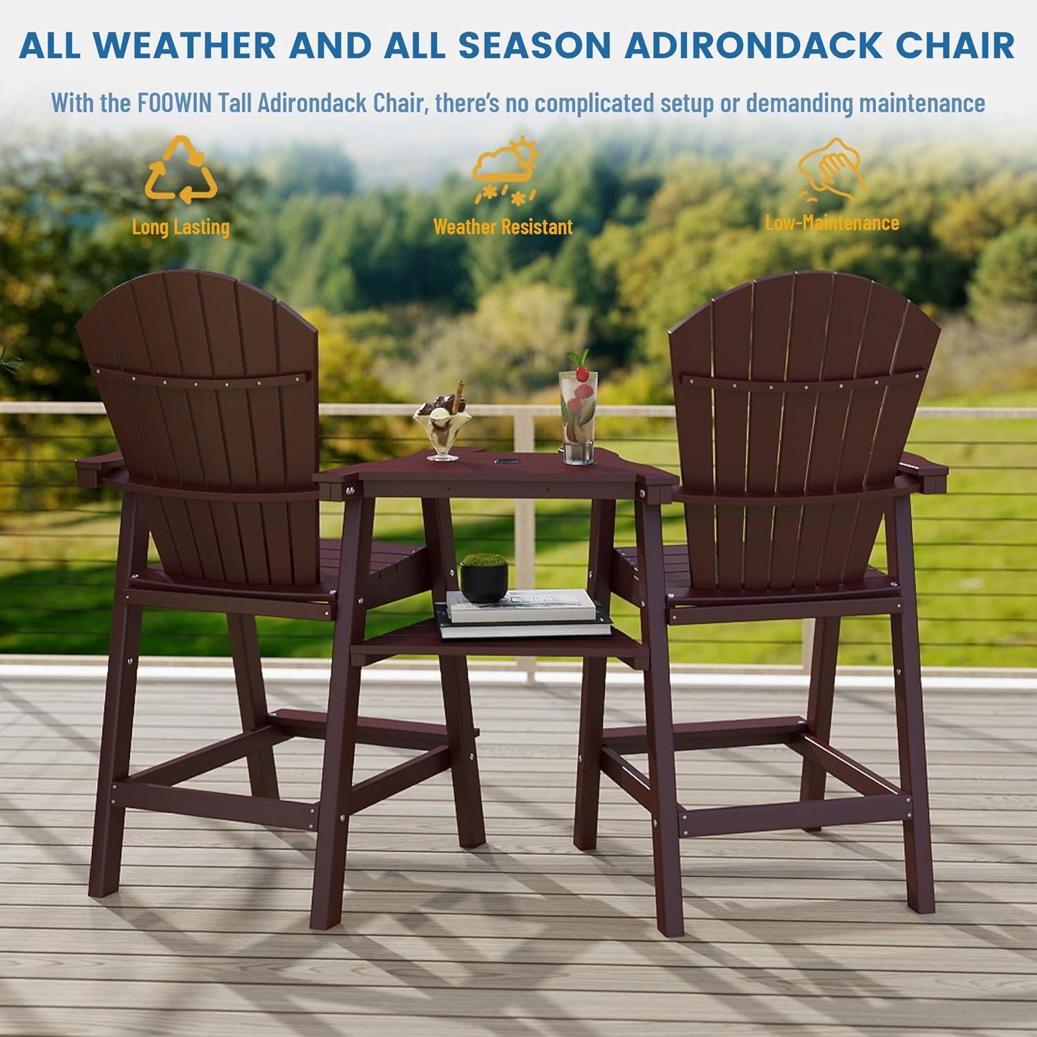 JUSTLET Tall Plastic Adirondack Chair Set of 2 W/ Outdoor Barstools and Connecting Tray, Brown