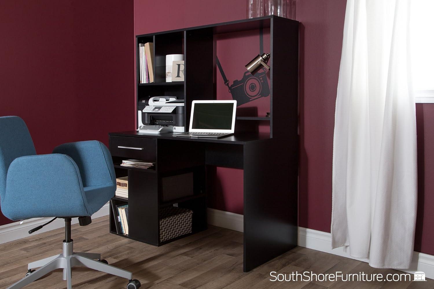 Pure Black Contemporary Home Office Desk with Hutch and USB Ports