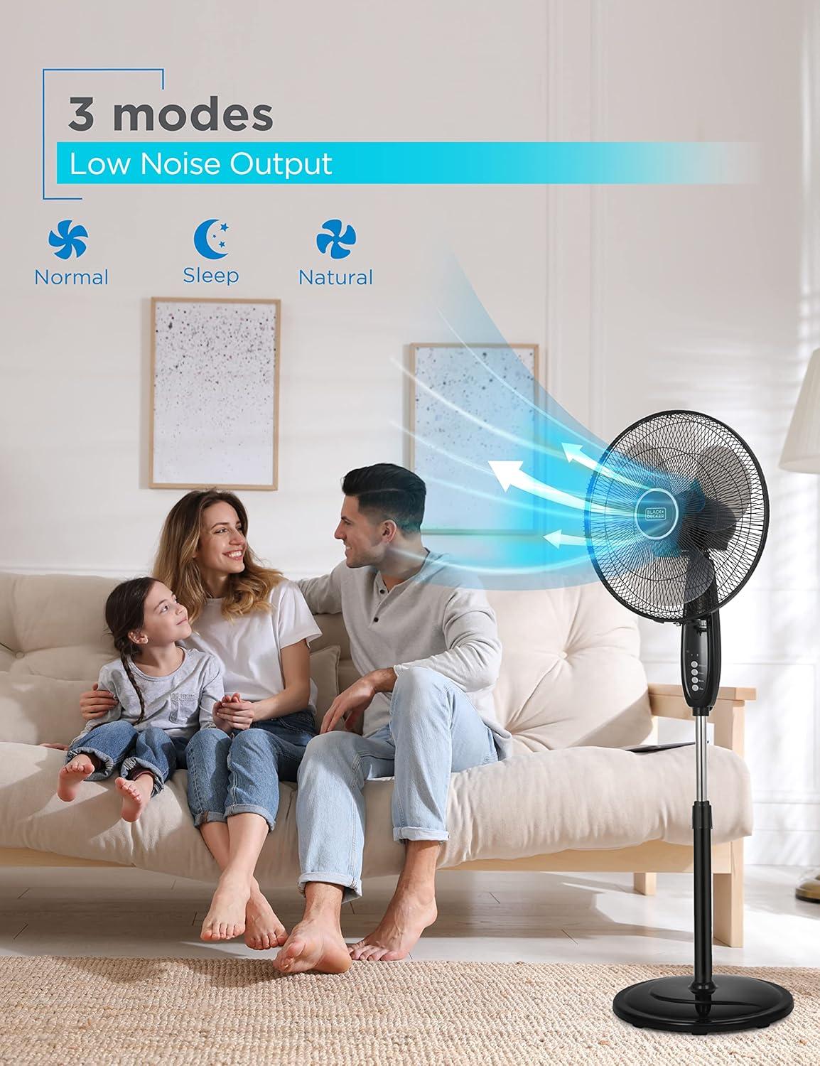 BLACK+DECKER 3-Speed 60-Watt 16-In. Dual-Blade Oscillating Stand Fan with Remote, BFSD116B