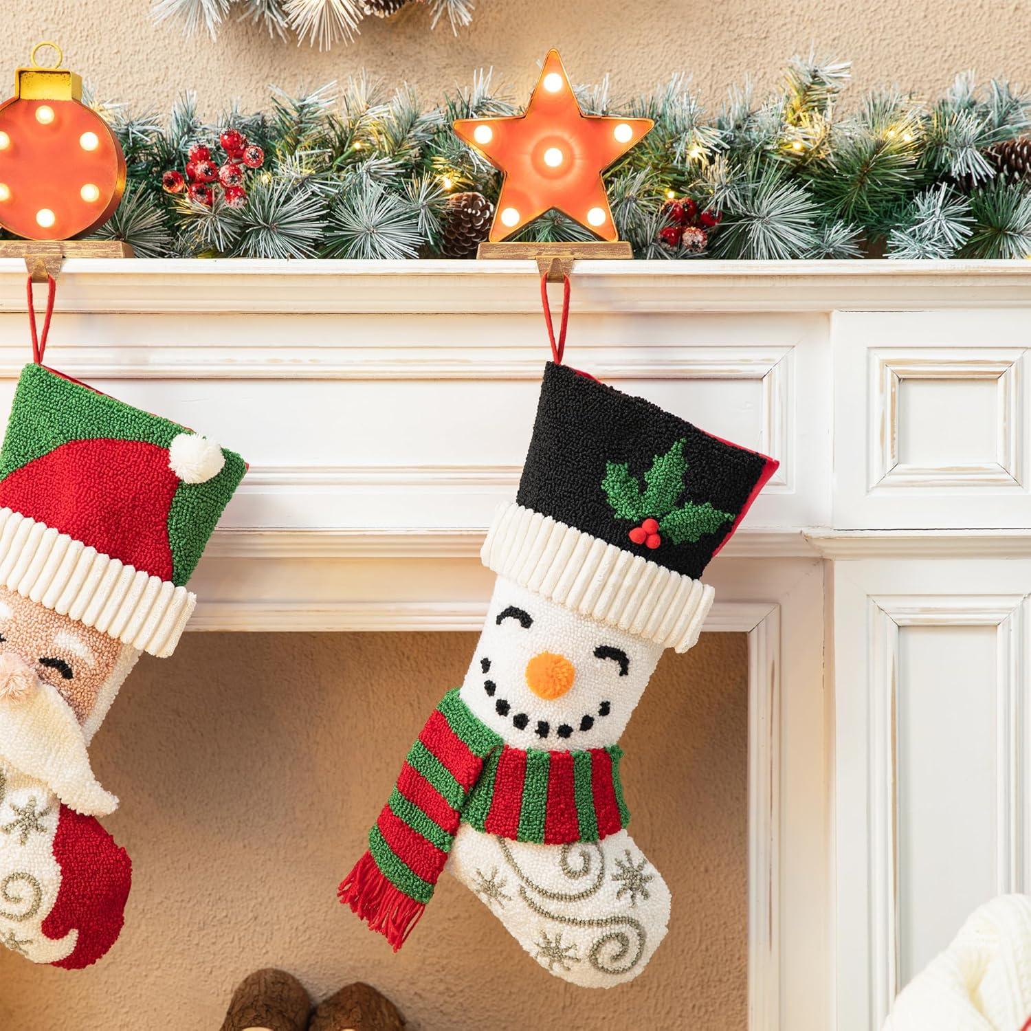 Snowman and Santa 20.5" Hooked Christmas Stockings Set