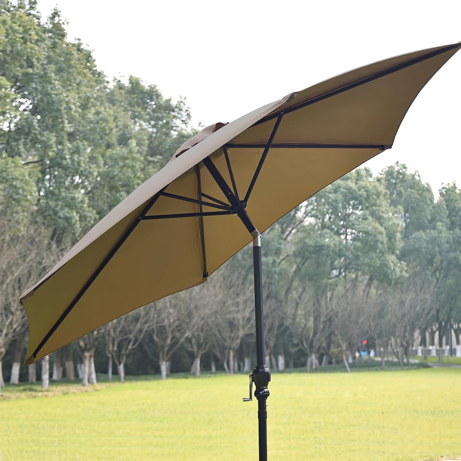 Elevon 9' Outdoor Patio Umbrella, Market Striped Umbrella with Push Button Tilt and Crank, Beige