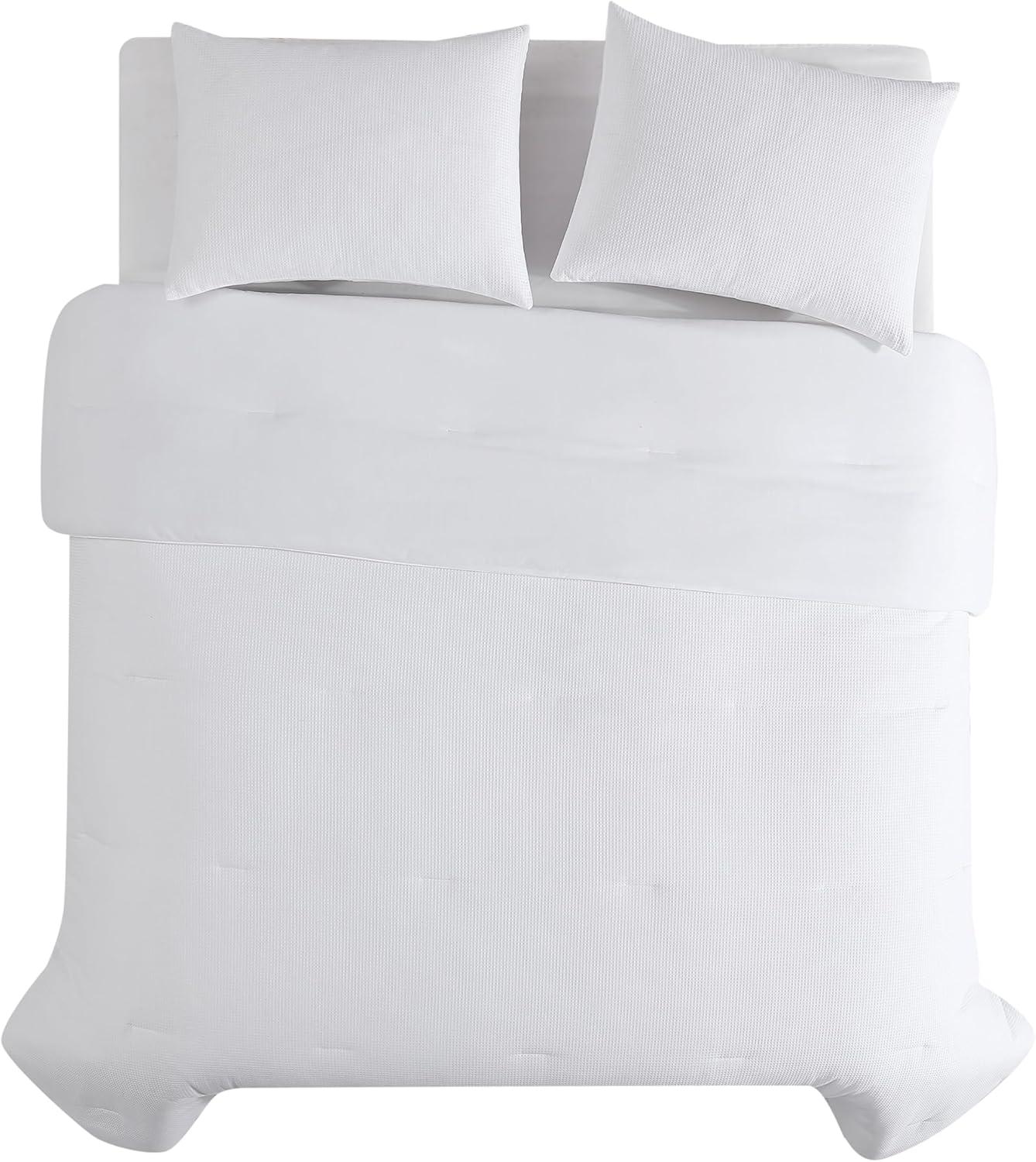 Queen White Cotton Blend Waffle Comforter Set