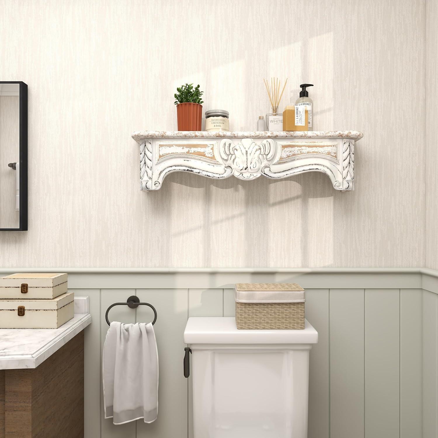 One Allium Way® Goodland White Wood 1 Shelf Scroll Wall Shelf 36" x 6" x 9"