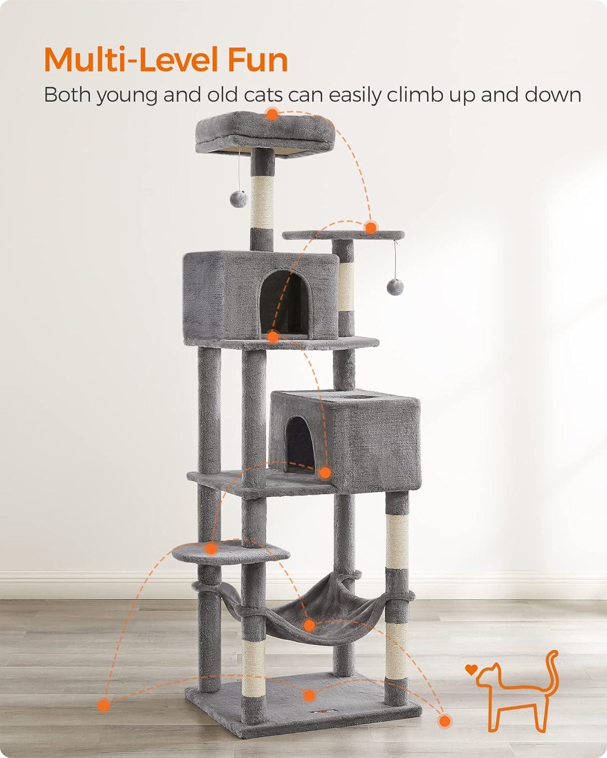 FEANDREA Multi-Level 75.2" Cat Tree with Scratching Posts & Pompoms, Light Gray