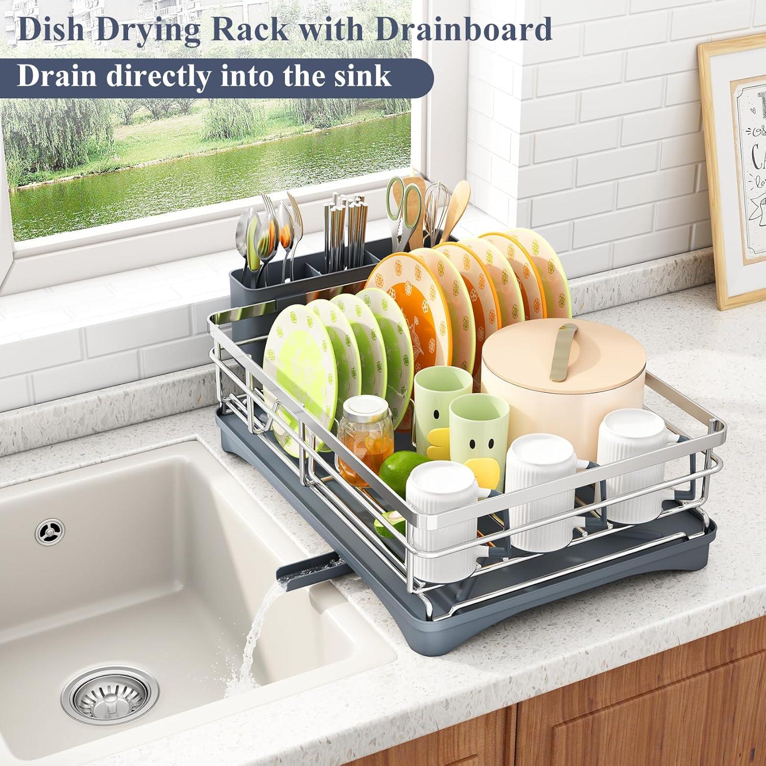 Dish Drying Rack - Stainless Steel Dish Rack for Kitchen Counter, Large-Capacity Dish Drainer with Cutlery Holder, Kitchen Organizer for Dishes, Spoons and Forks, Black