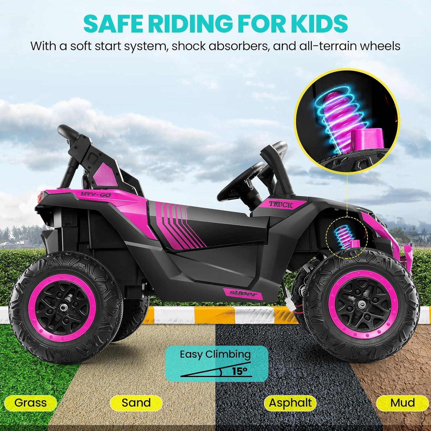 SUSIELADY 24V 2 Plazas Ride-On UTV para Niños, Coche Eléctrico con Control Remoto, Suspensión en las 4 Ruedas, Música, Almacenamiento, Camión de Juguetes Al Aire Libre para Niños Niñas a Partir de 3 Años, Rosa